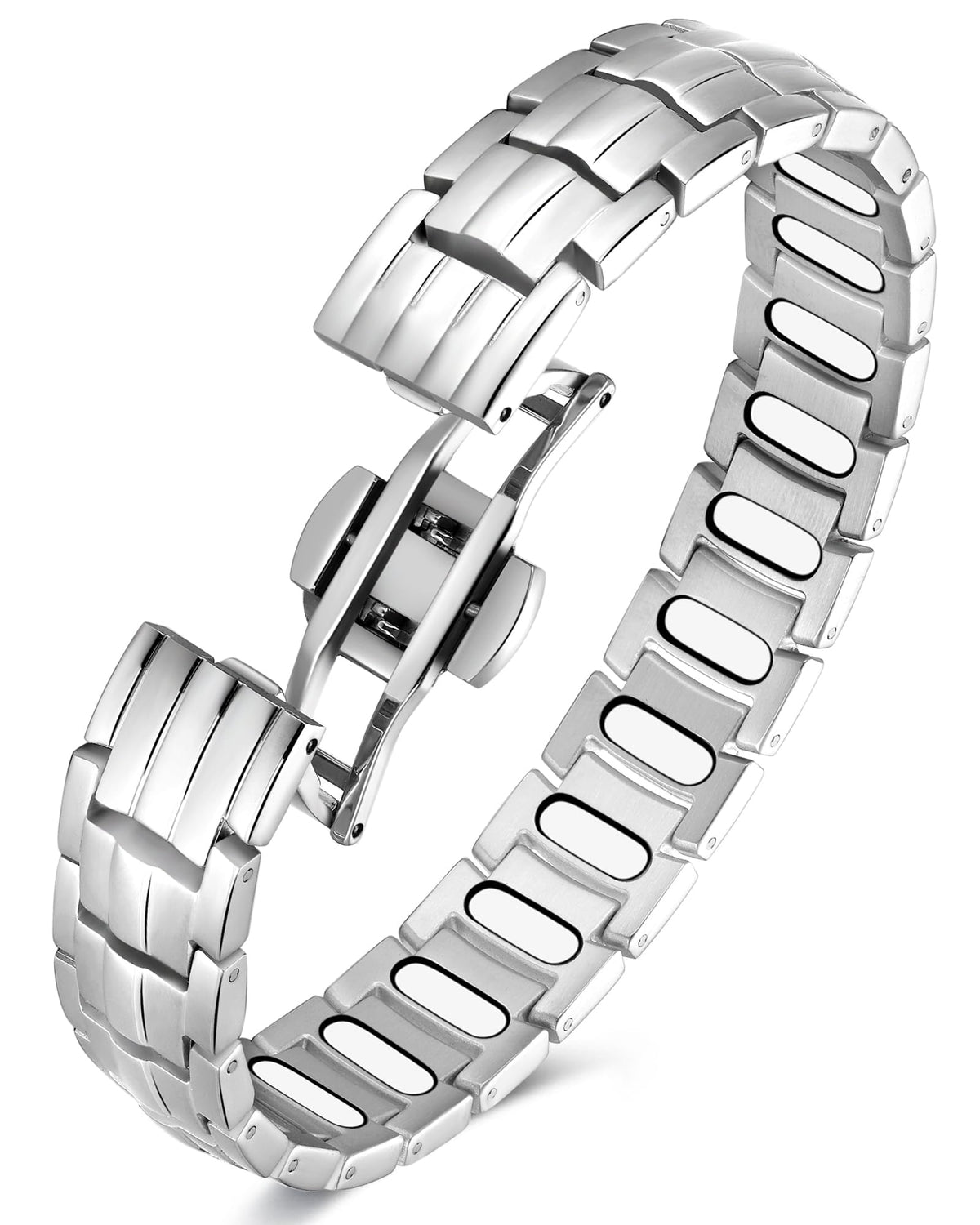 Pulsera magnética Feraco con cierre mariposa, diseño cómodo para uso diario.