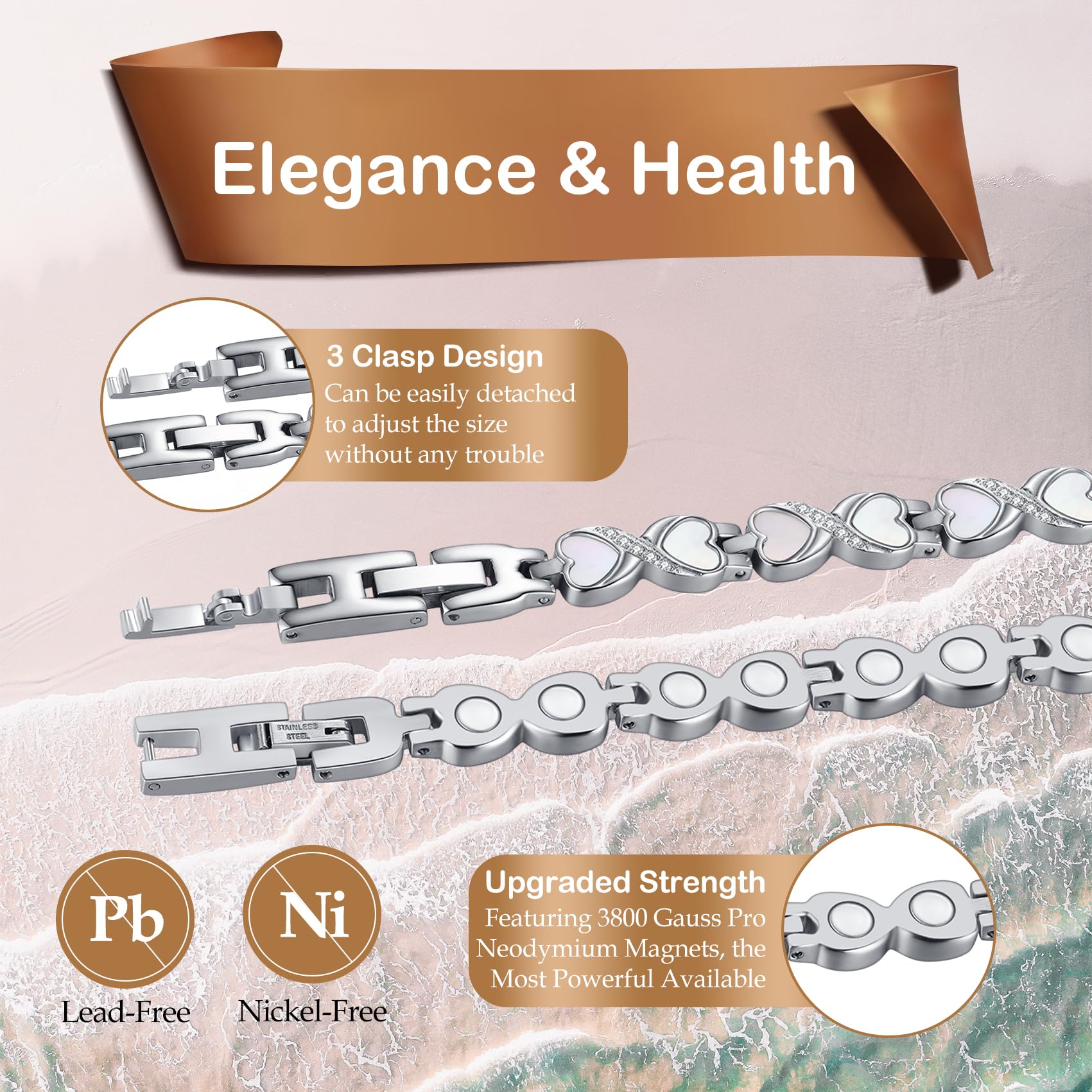 Feraco pulsera magnética de acero inoxidable grado médico con zirconia reluciente.
