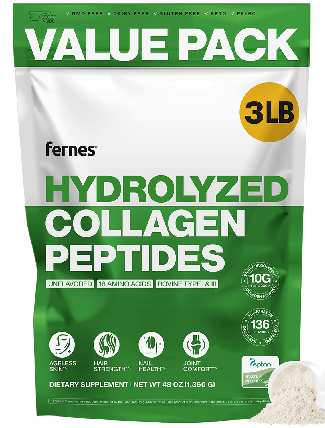 Fernes Colágeno Hidrolizado en frasco 3lb para uso diario.