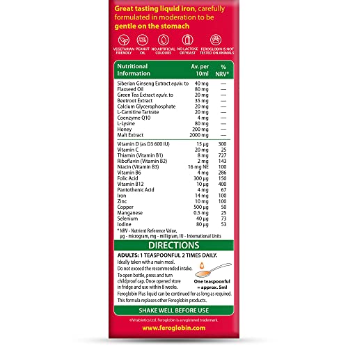 Etiqueta detallada de Feroglobin 200ml con ingredientes clave y beneficios.