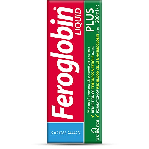 Presentación de Feroglobin en caja, sabor agradable y fórmula enriquecida.