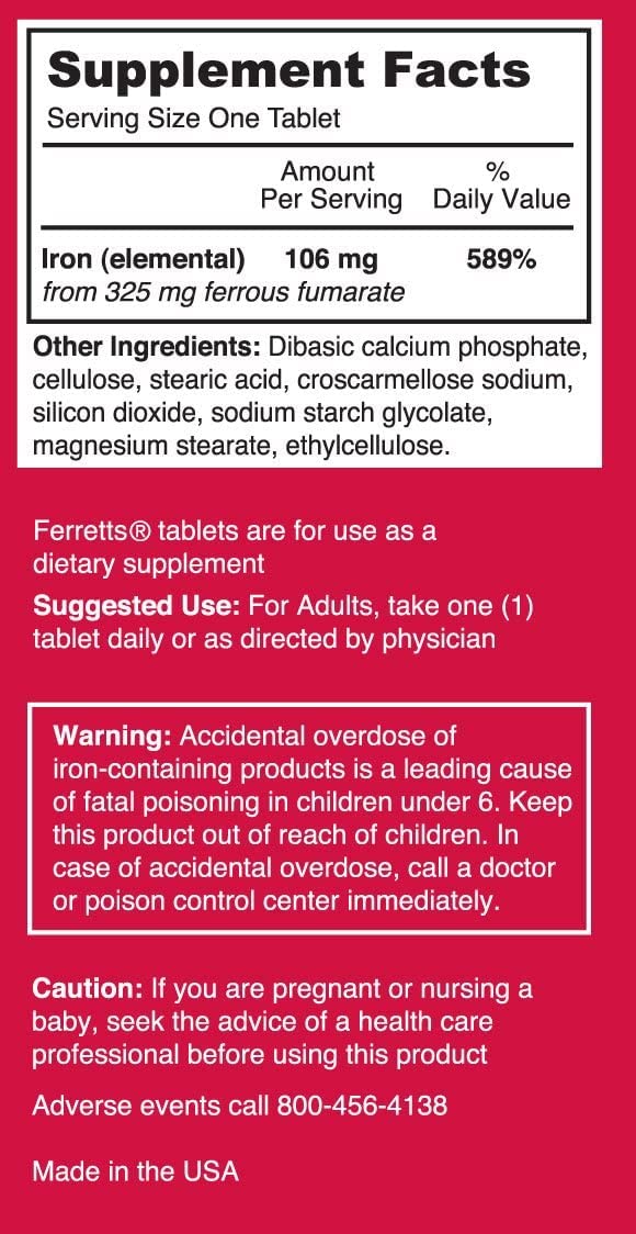 Ferretts etiqueta de hierro 325 mg, información clara para la toma.