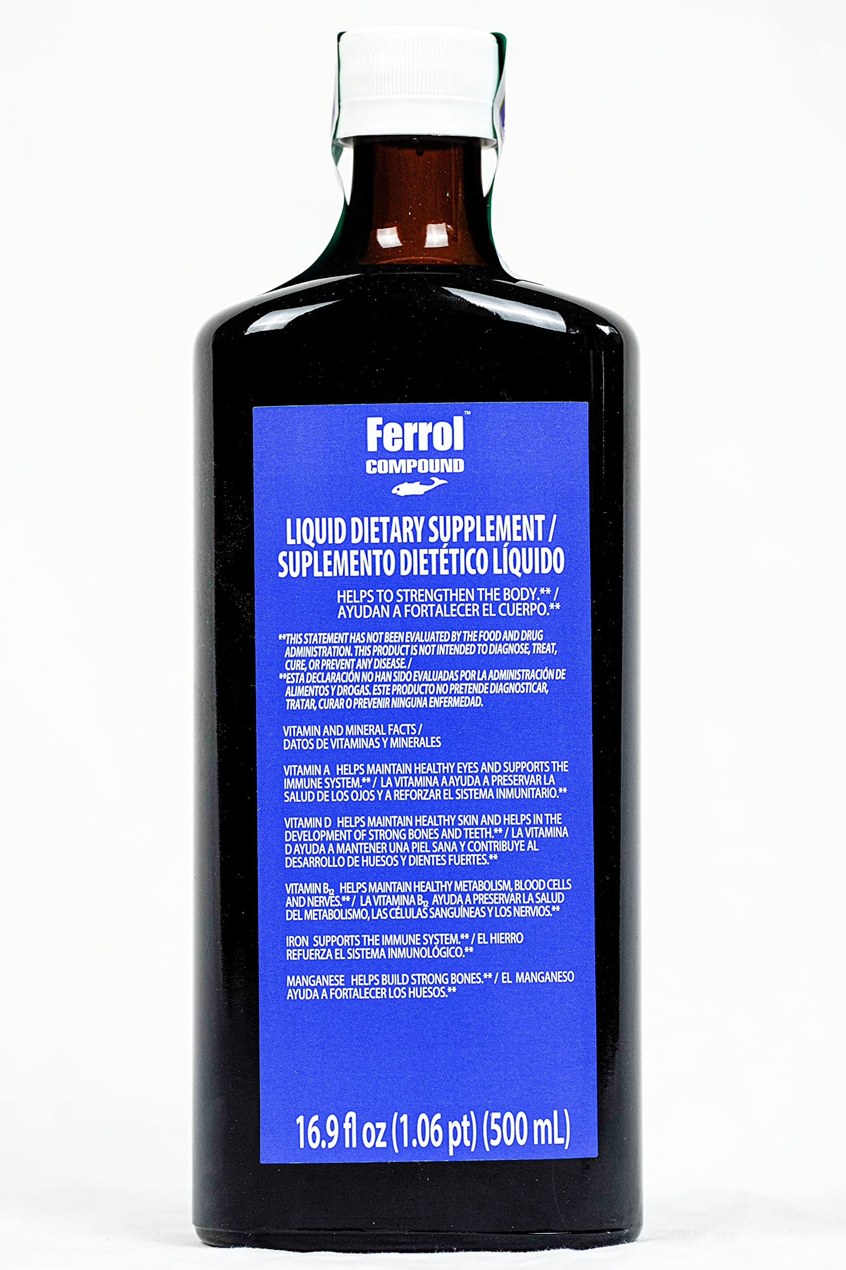 Ferrol Compound: etiqueta informativa con hierro y vitaminas.