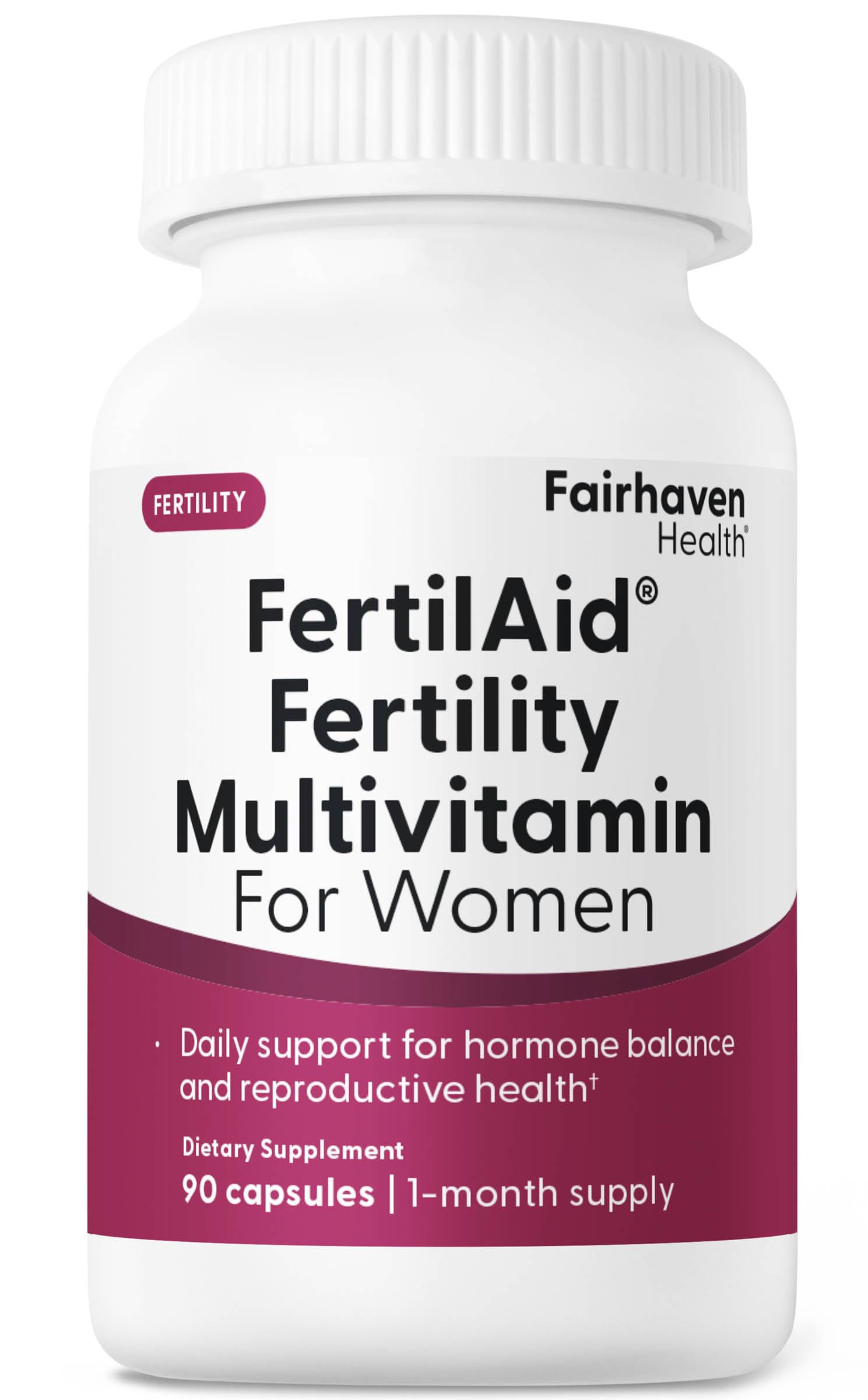 Fertilaid para mujeres: botella de cápsulas para apoyo al ciclo hormonal.