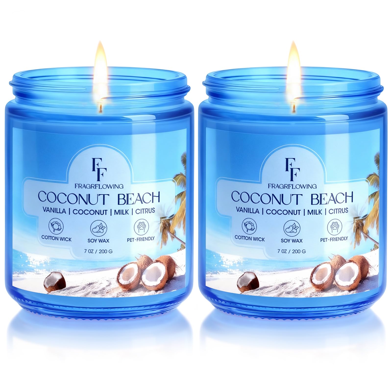Vela FF FRAGRFLOWING Coco Playa en jarrón azul para ambientar espacios con aroma tropical.