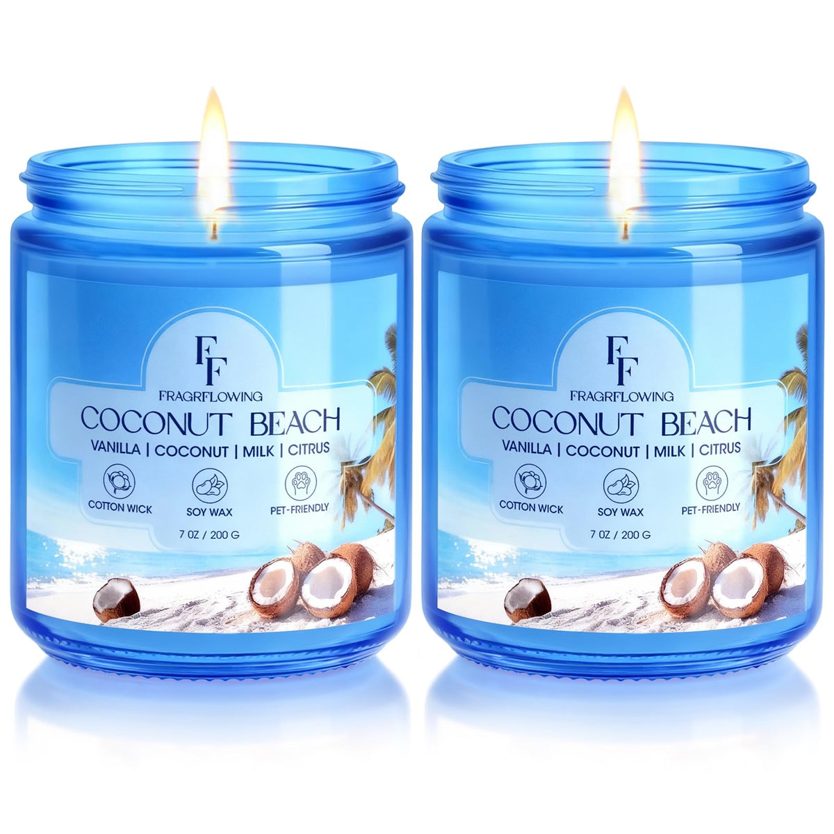 Vela FF FRAGRFLOWING Coco Playa en jarrón azul para ambientar espacios con aroma tropical.