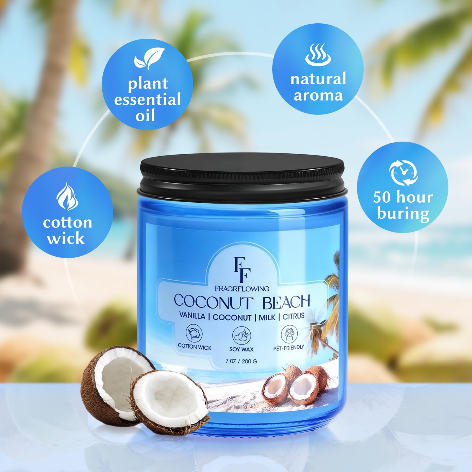 Vela FF FRAGRFLOWING en jarrón azul, diseño decorativo elegante y fragancia suave.