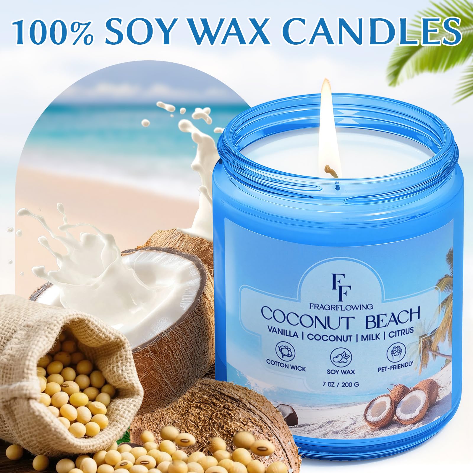 Vela de soja natural FF FRAGRFLOWING con aroma coco, ideal para uso diario.