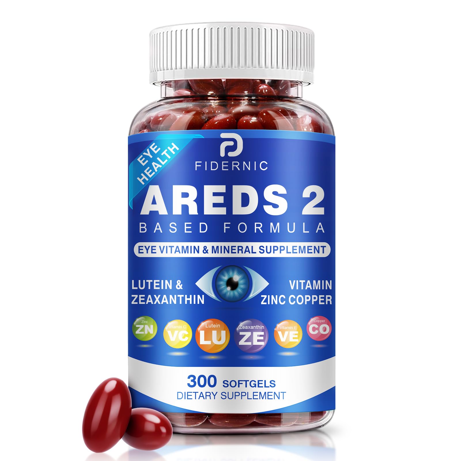 FIDERNIC AREDS2: frasco de cápsulas blandas con luteína y zeaxantina para nutrición ocular diaria.