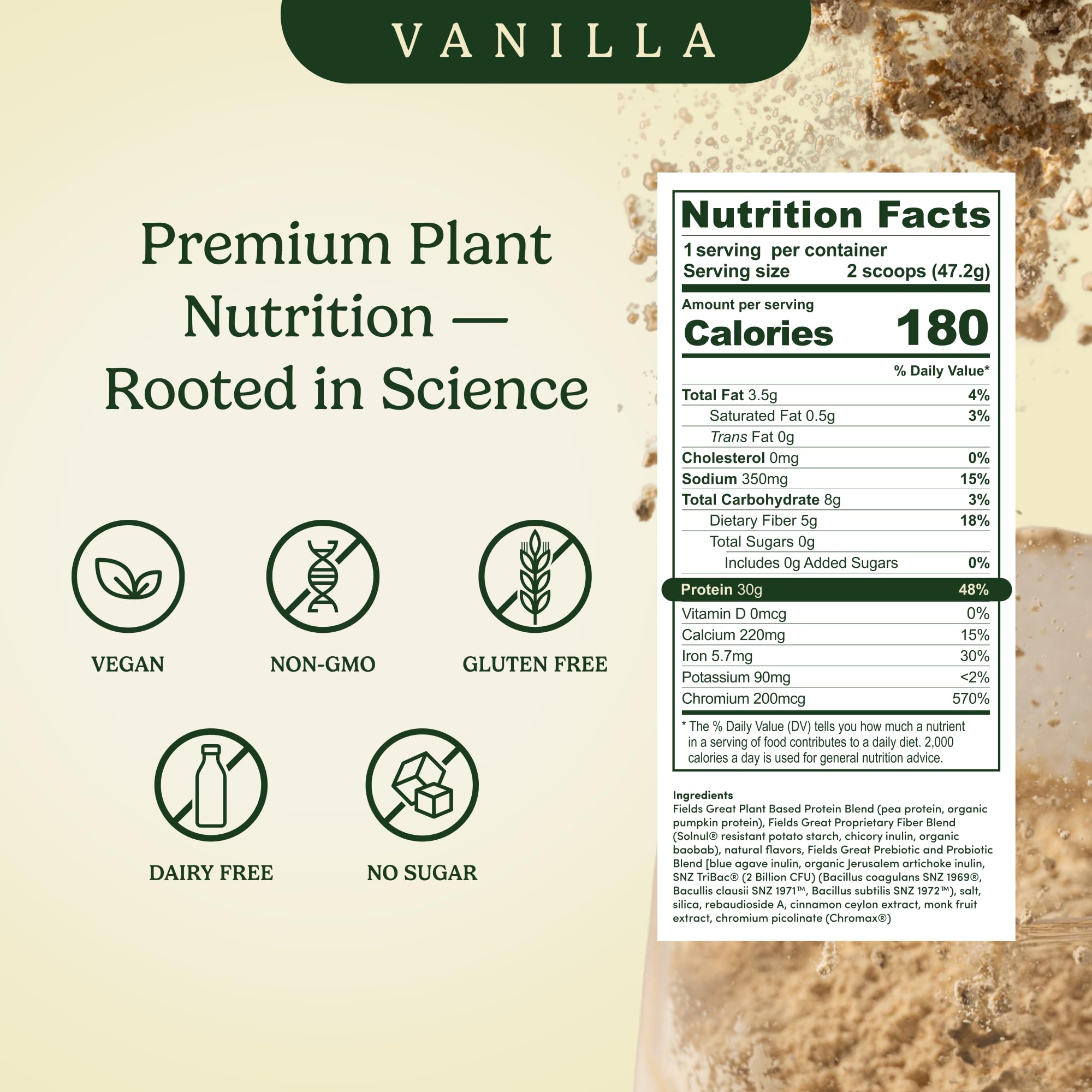 Field's Great Proteína vegetal con fibra vainilla, batido cremoso para snack post-entrenamiento
