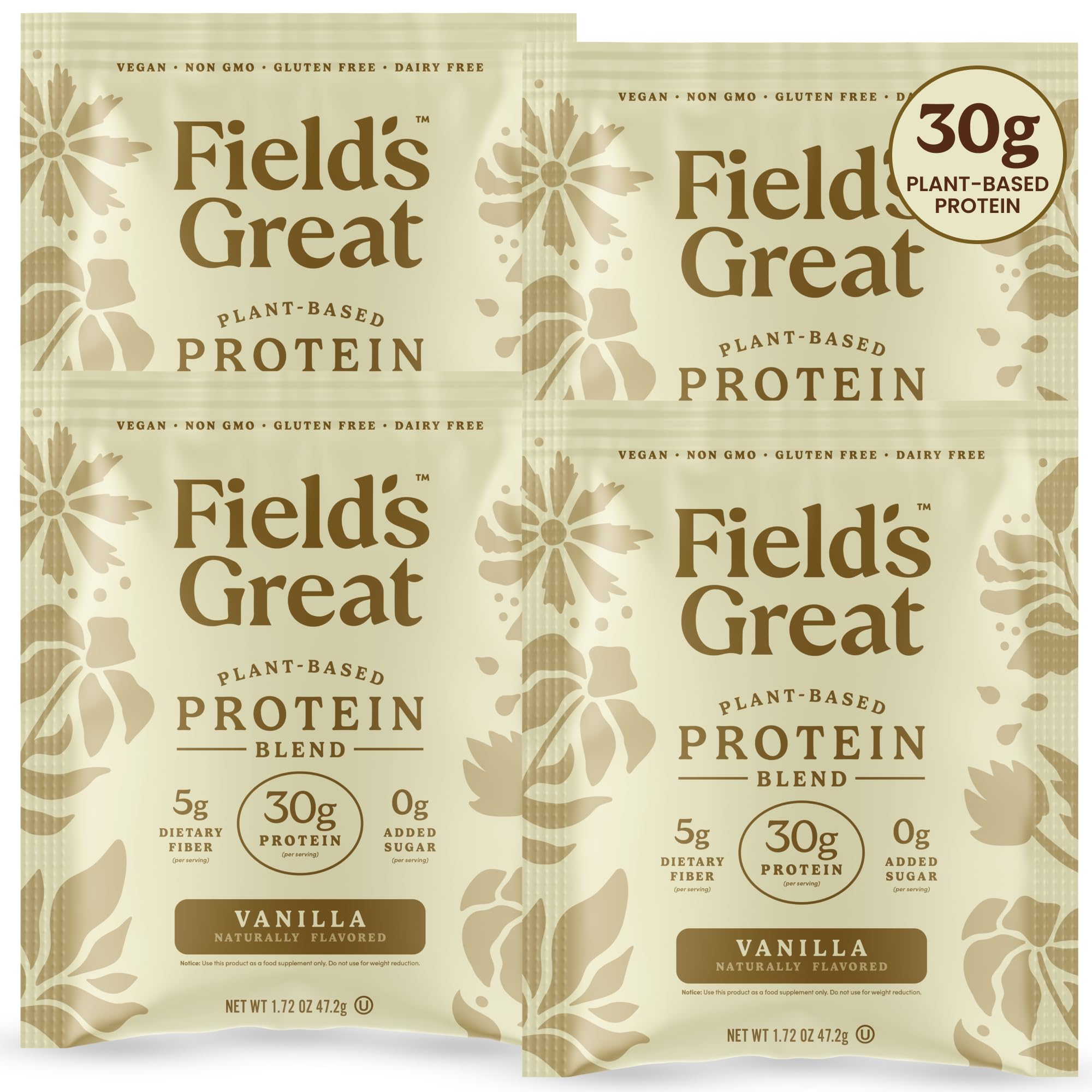 Field's Great Proteína vegetal con fibra vainilla, empaque compacto para llevar