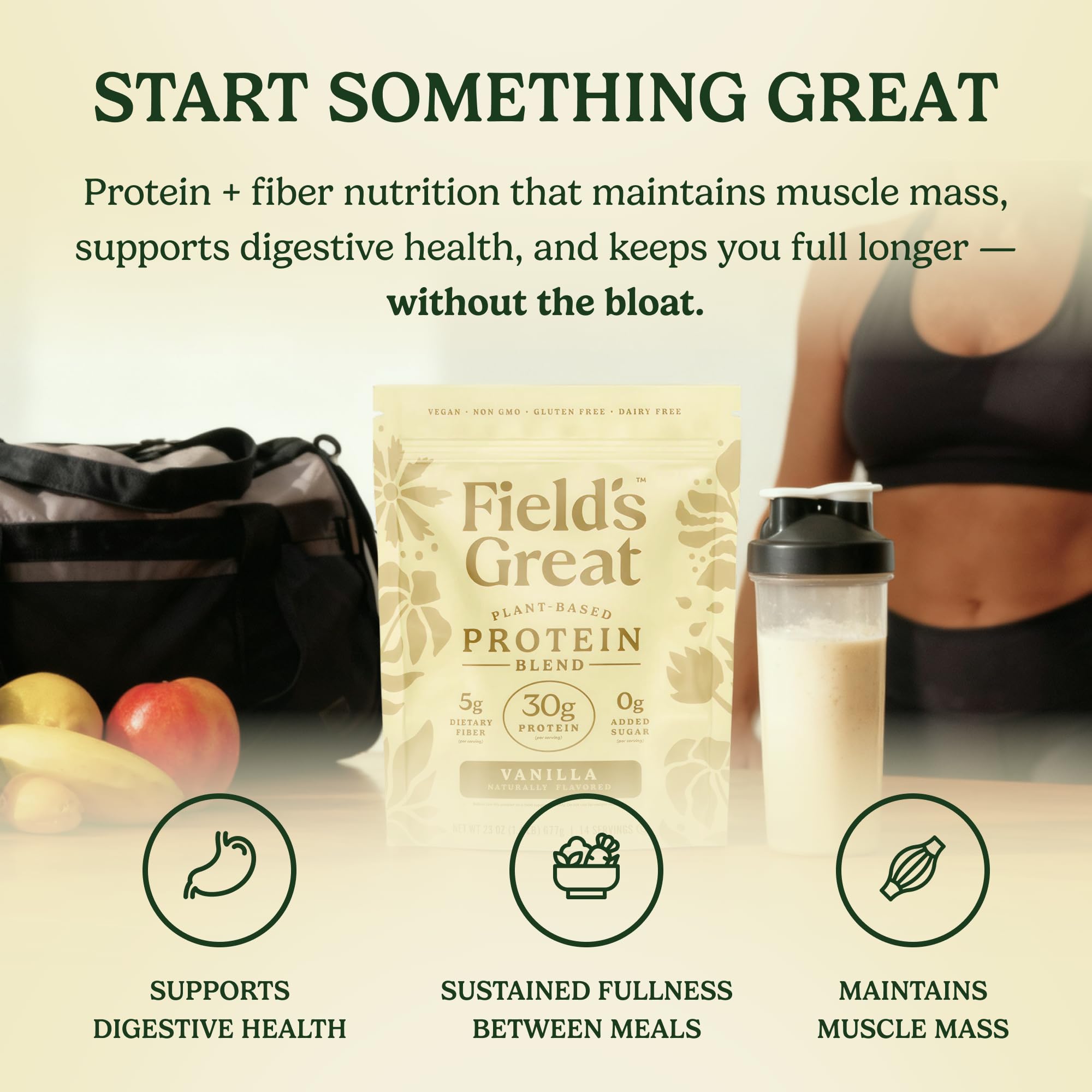 Field's Great Proteína vegetal con fibra vainilla, vaso con fruta para merienda completa