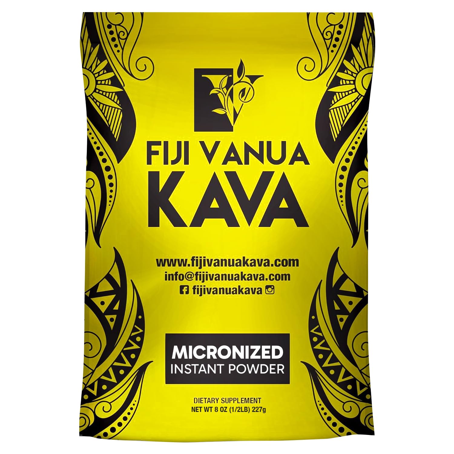 Fiji Vanua Kava polvo micronizado en envase, preparado para mezclar rápidamente.