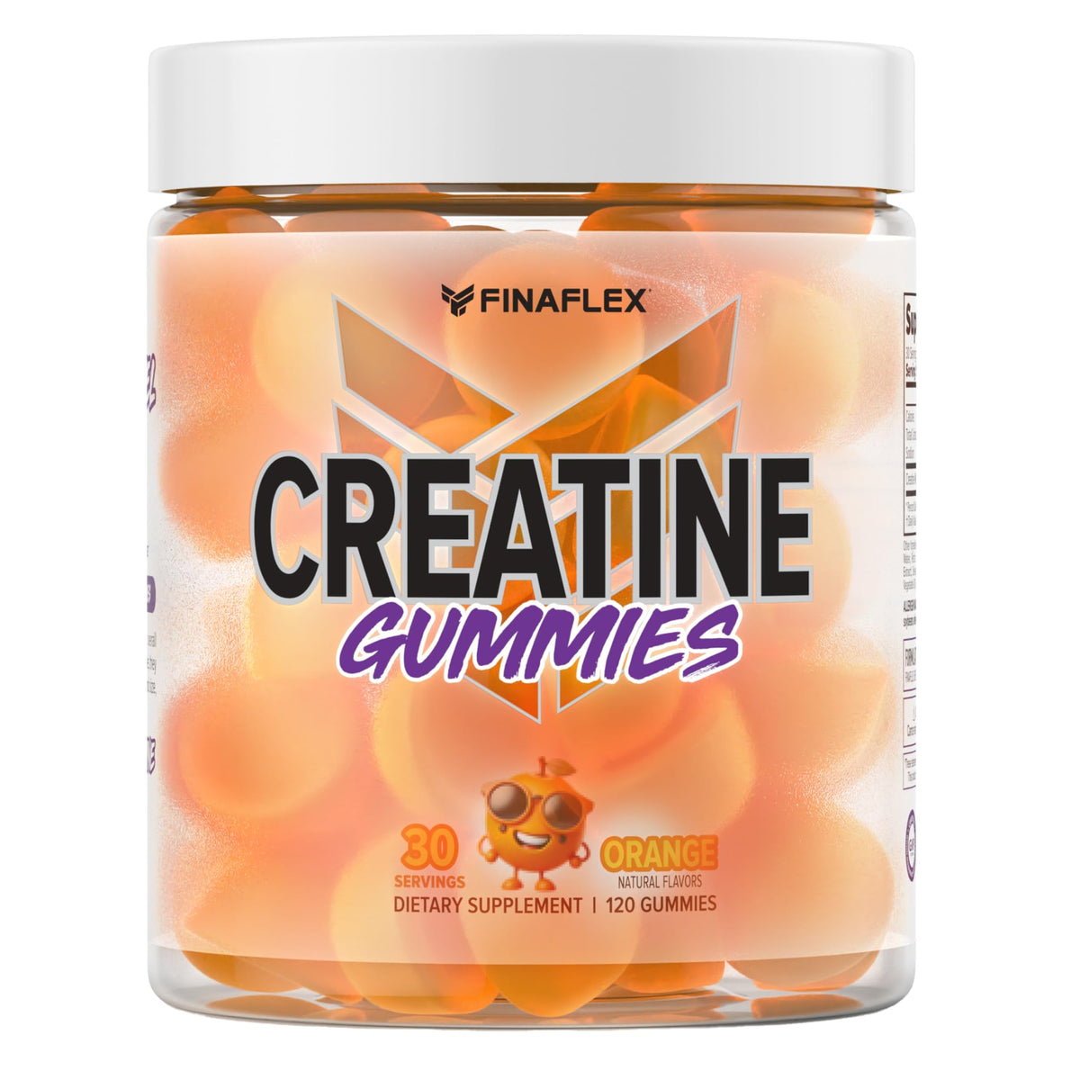 FINAFLEX gomitas de creatina sabor naranja en frasco para entrenos y rendimiento.