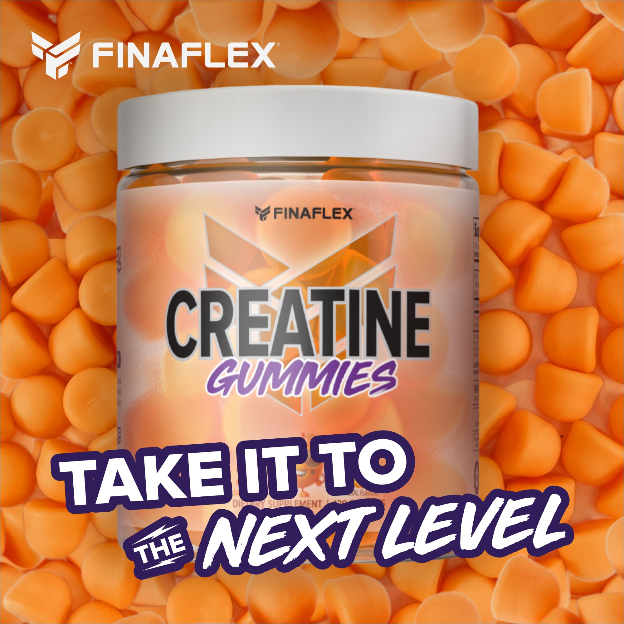 FINAFLEX gomitas de creatina sabor naranja etiqueta clara para control de consumo.