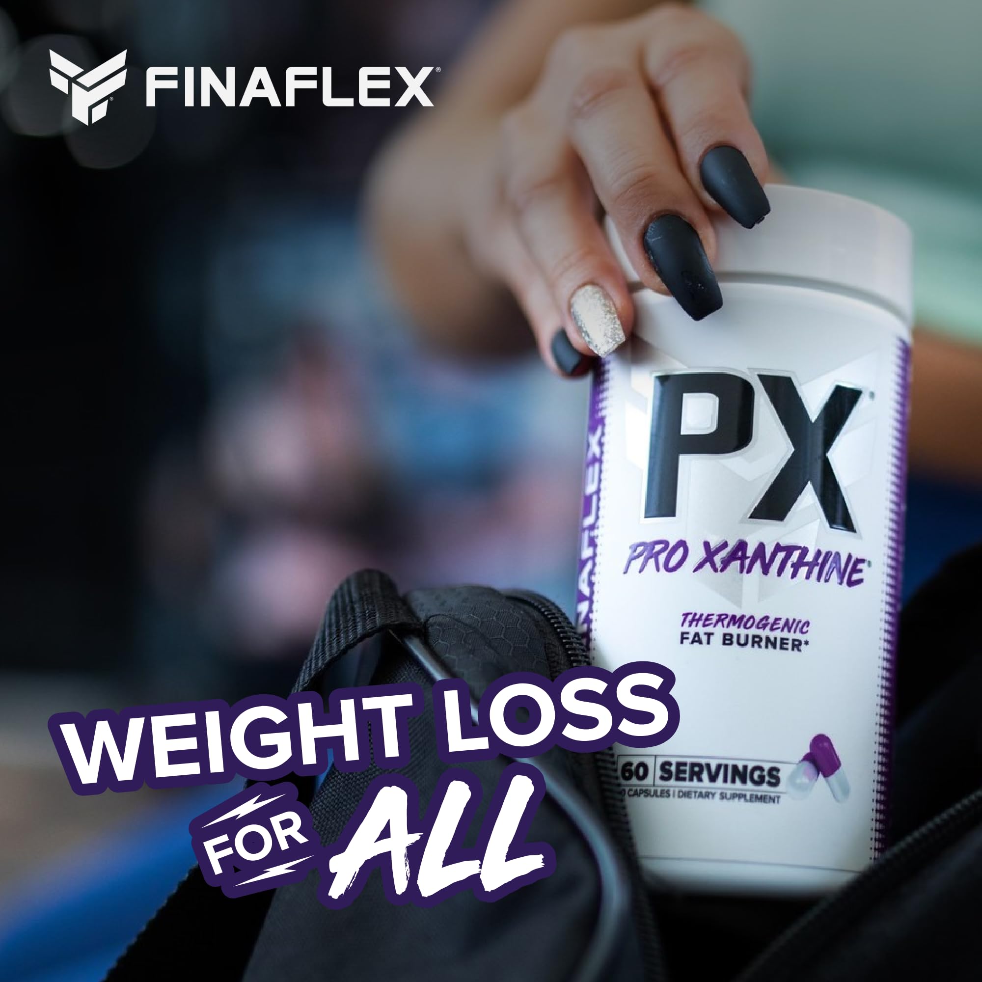 FINAFLEX PX Pro Xanthine, persona entrenando, enfoque y rendimiento en el gimnasio.