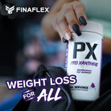 FINAFLEX PX Pro Xanthine, persona entrenando, enfoque y rendimiento en el gimnasio.