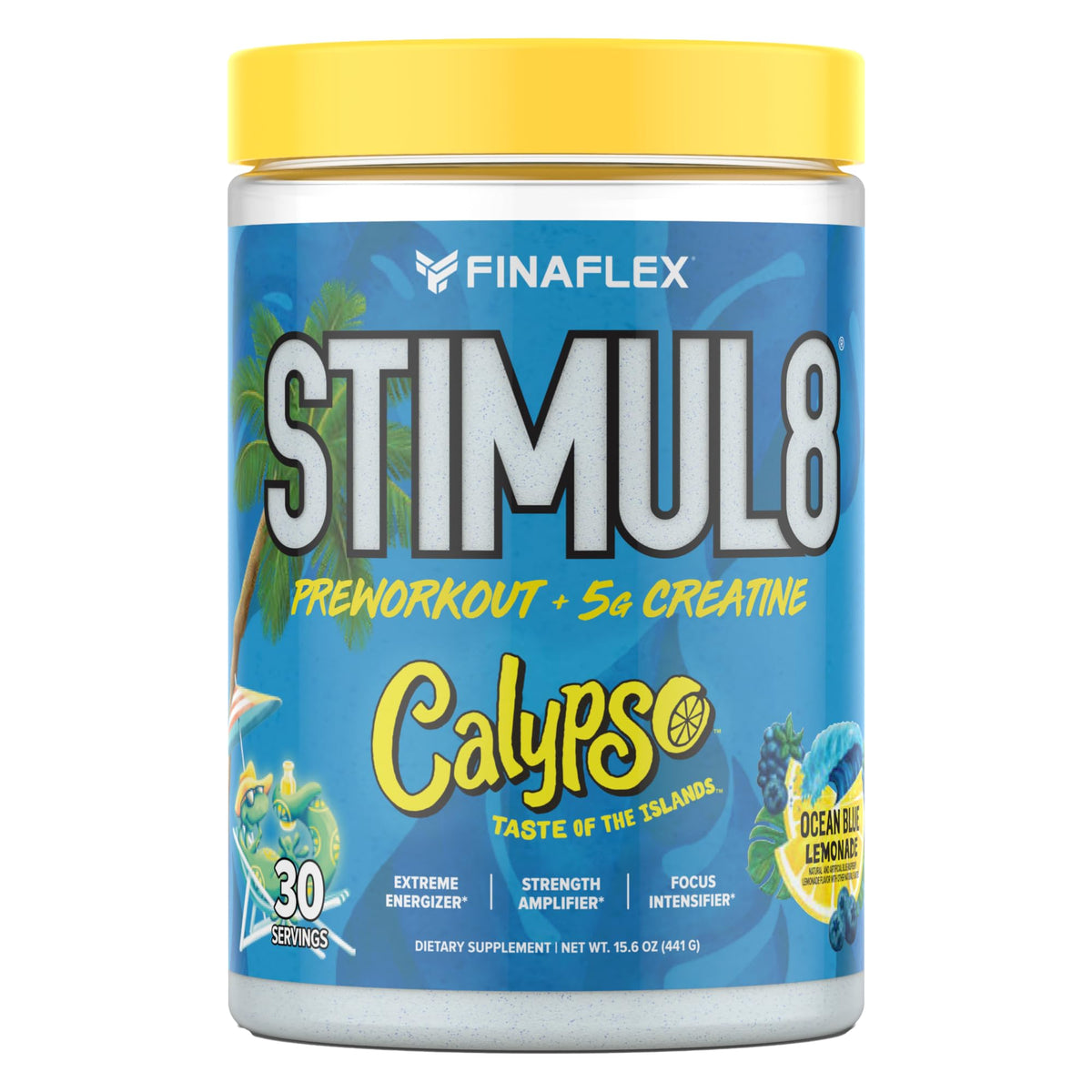 FINAFLEX STIMUL8 CALYPSO, botella vertiendo, energía para entrenamientos intensos.