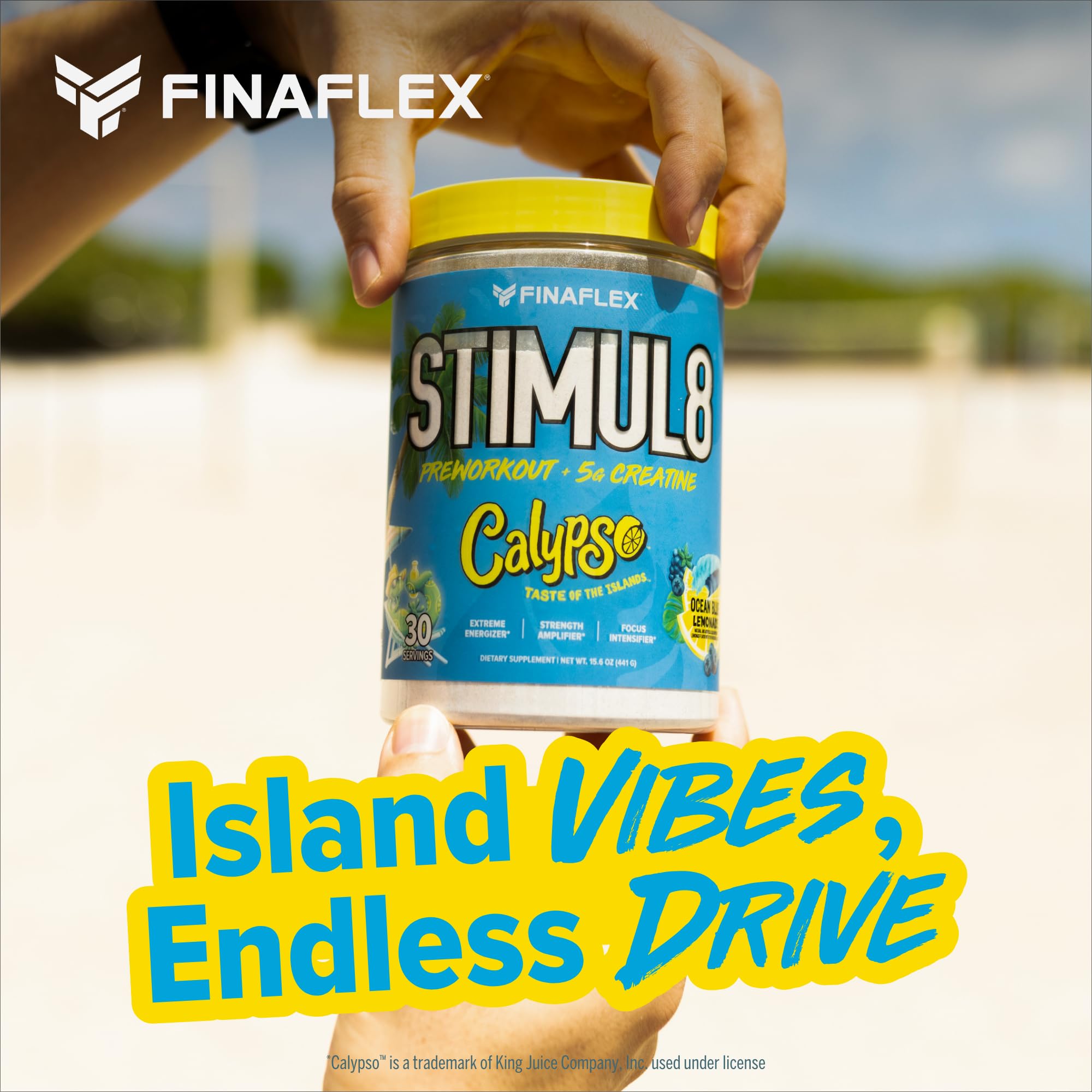 FINAFLEX STIMUL8 CALYPSO, vaso con polvo, energía sostenida para sesiones largas.