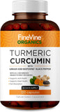 FineVine Organics Turmeric Curcumin cápsulas en frasco para apoyo de articulaciones.