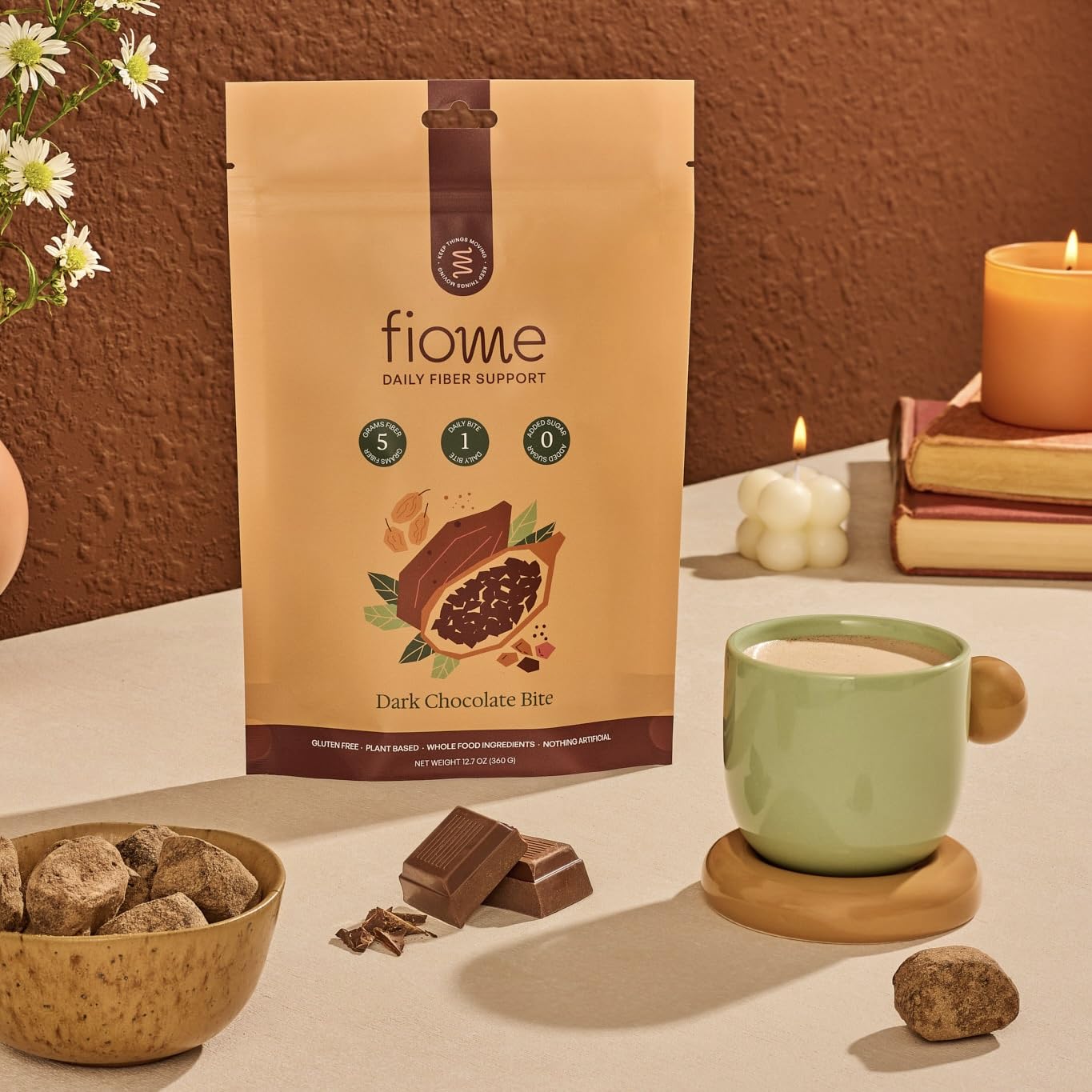 Fiome Fiber Bites: bocado de chocolate oscuro, fuente natural de fibra.