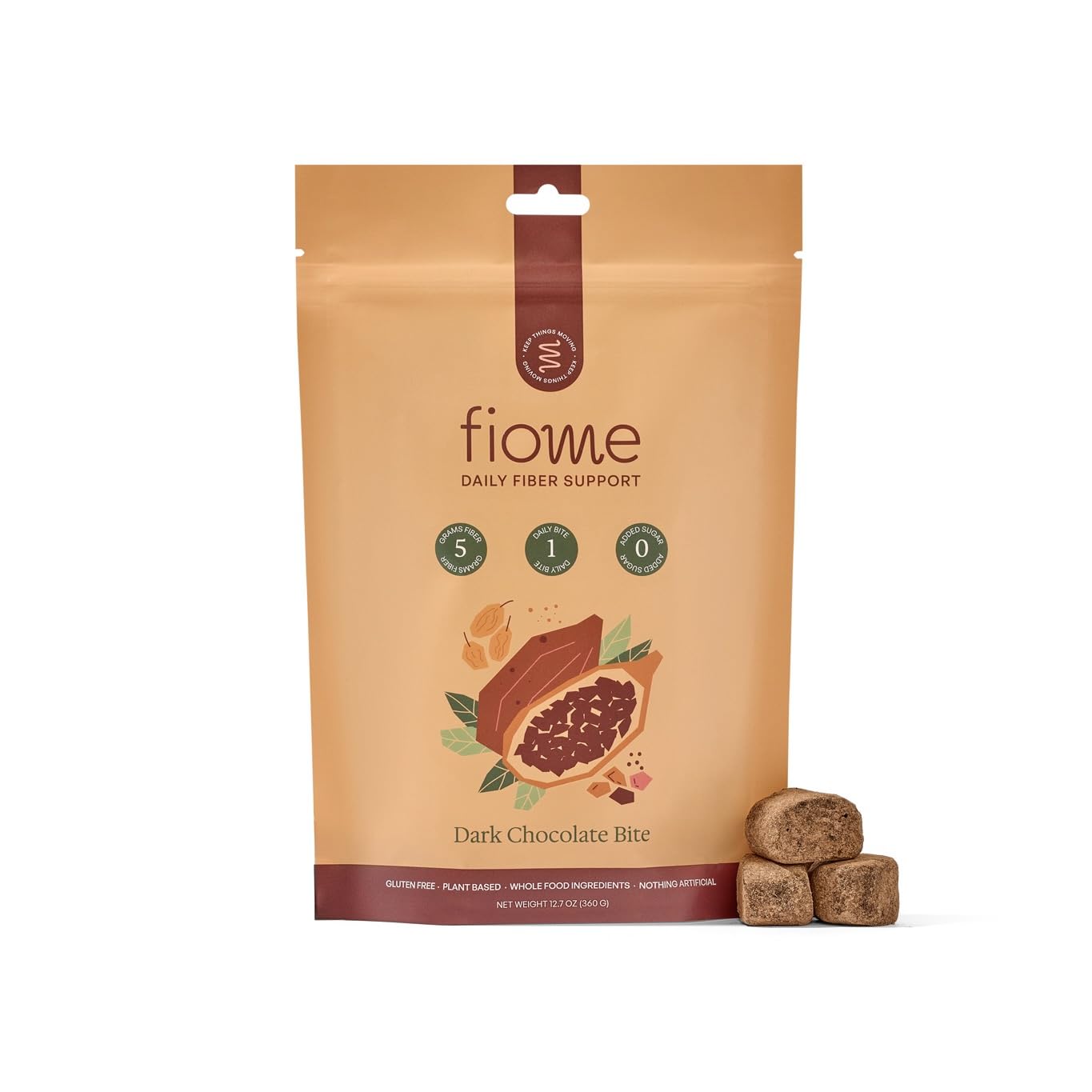 Fiome Fiber Bites: empaque frontal, snack con fibra para regularidad diaria.