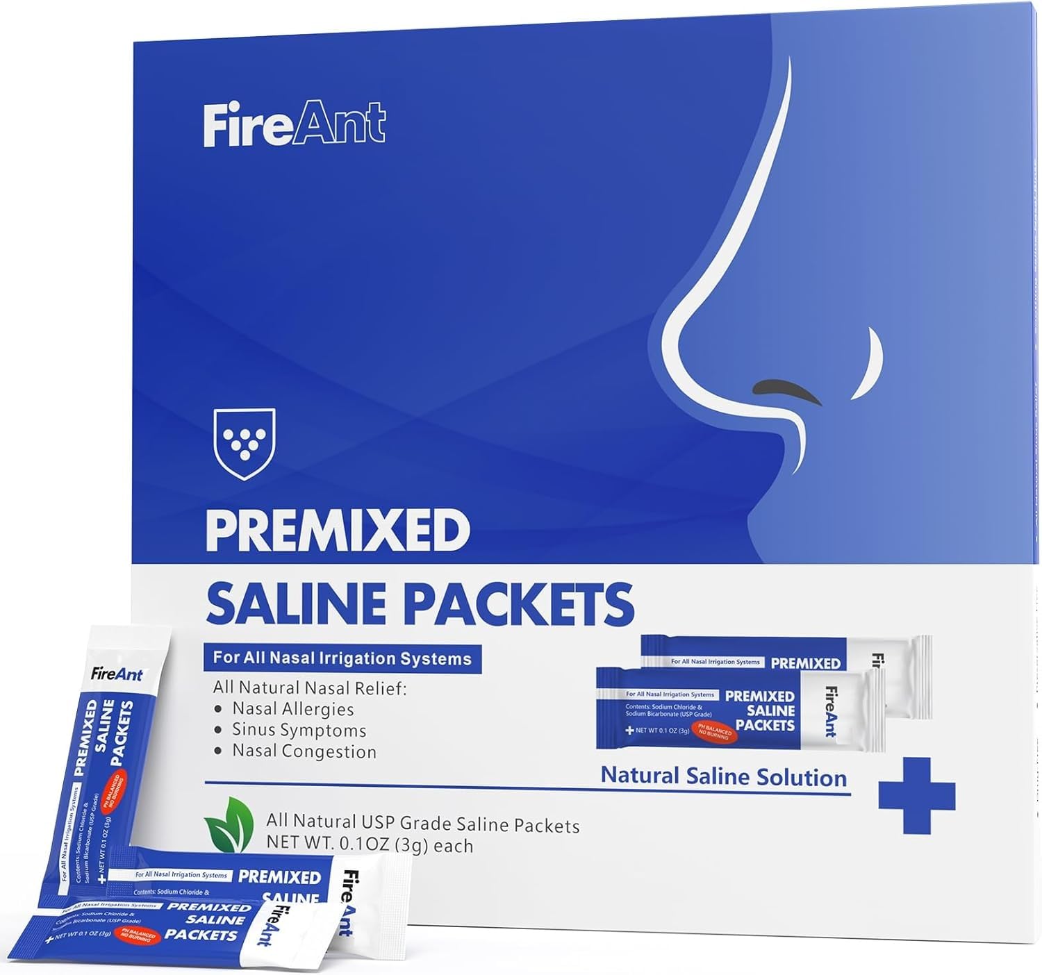 FireAnt paquetes salinos premezclados en empaque individual para viaje.