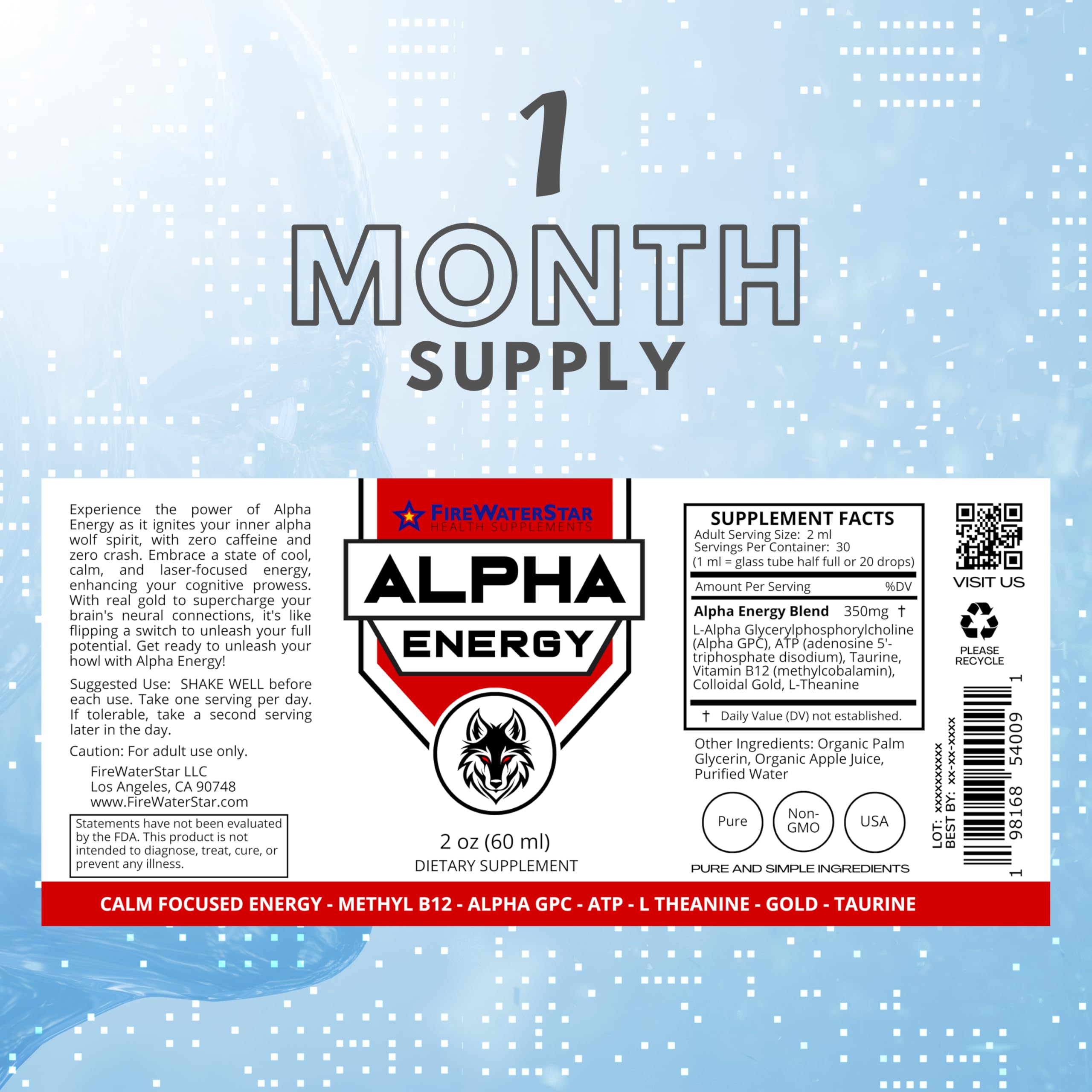 FIREWATERSTAR Alpha Energy, botella oscura para claridad mental sin cafeína