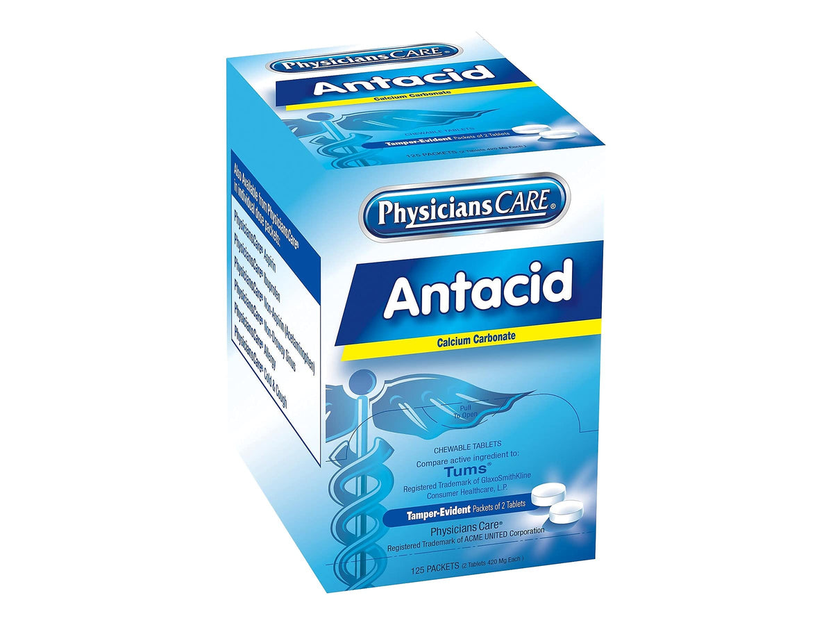 Antiacido Physicians Care 125, empaque compacto para botiquín.