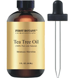 First Botany Tea Tree Oil bottle close-up in amber glass for pure topical use.