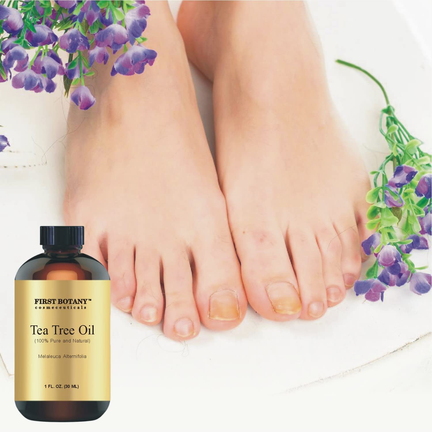 First Botany Tea Tree Oil amber bottle with label signaling premium quality and potency.