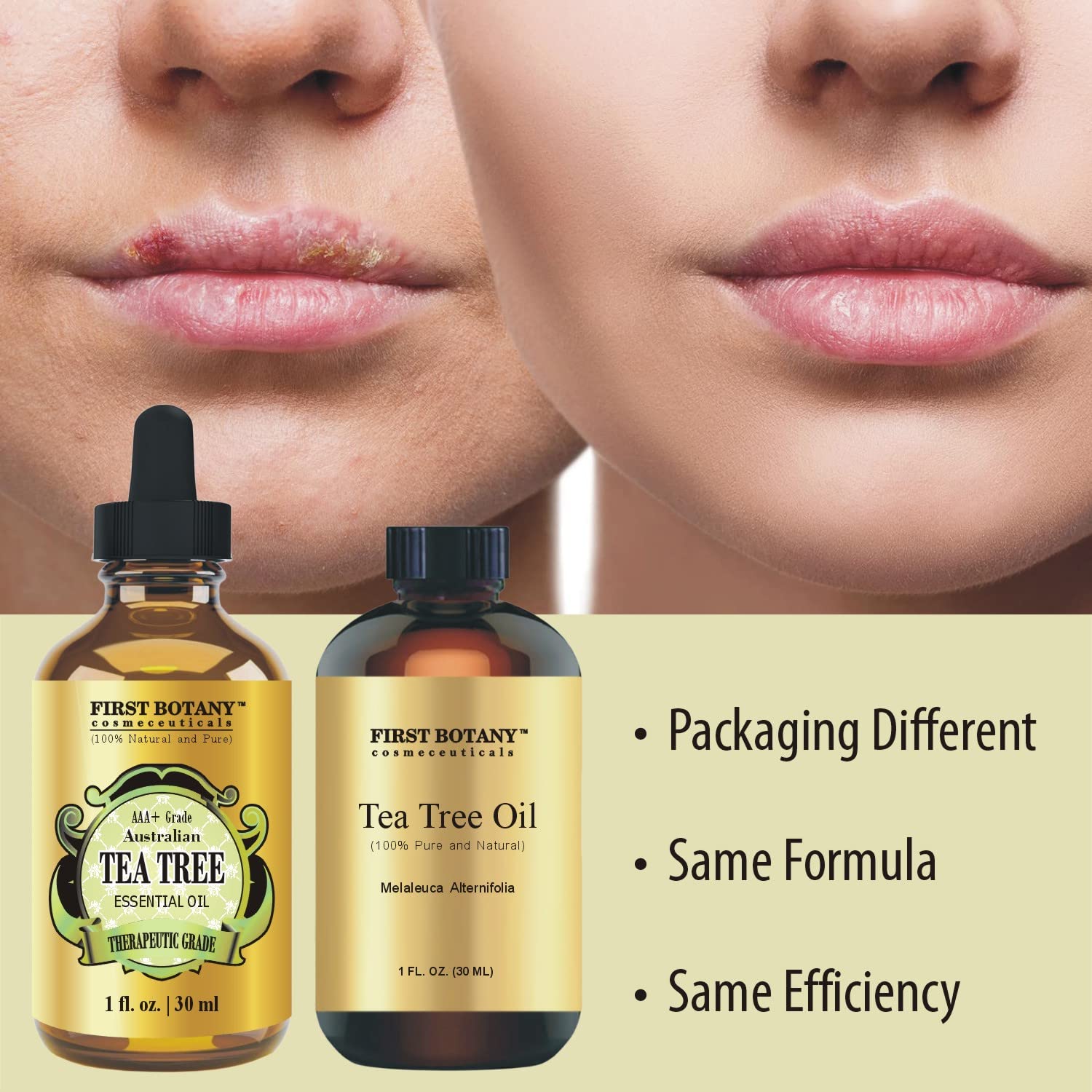 First Botany Tea Tree Oil application on scalp context suggests refreshing scalp care.