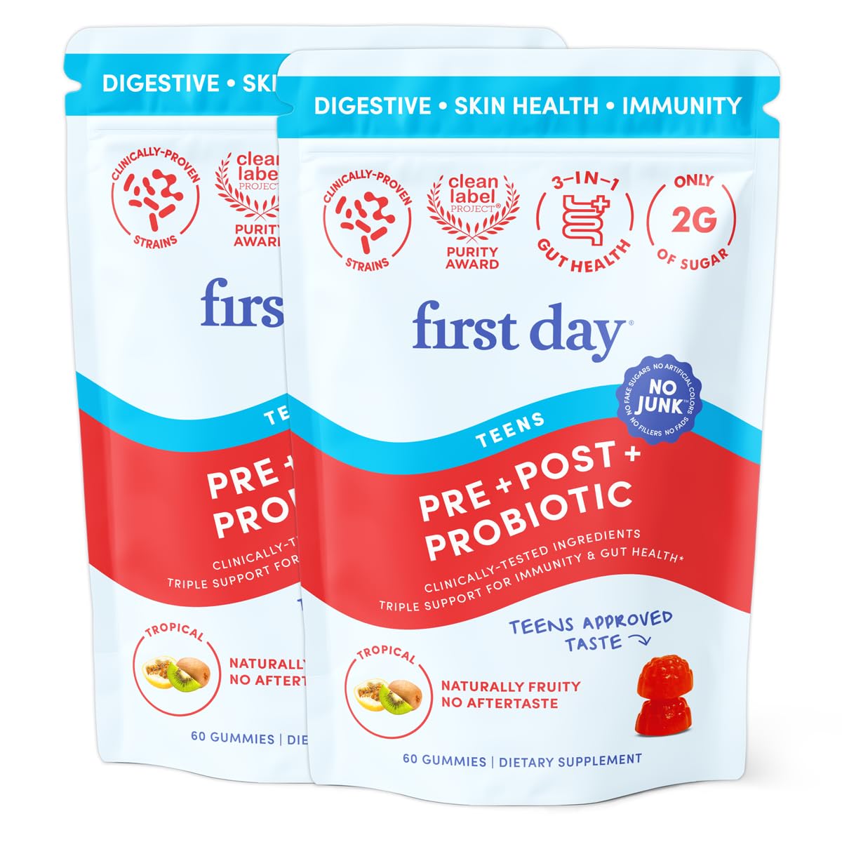 Envase de FIRST DAY para adolescentes con tribiotic gomitas que apoyan la salud intestinal.