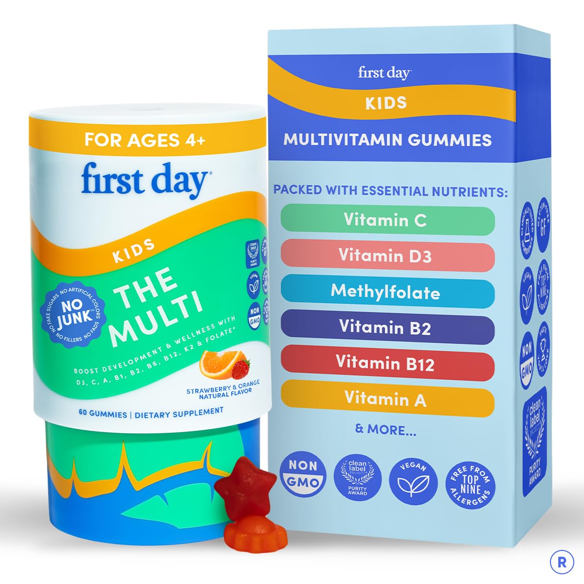 First Day gomitas multivitamínicas para niños con sabor fresa y naranja, apoyando la nutrición diaria