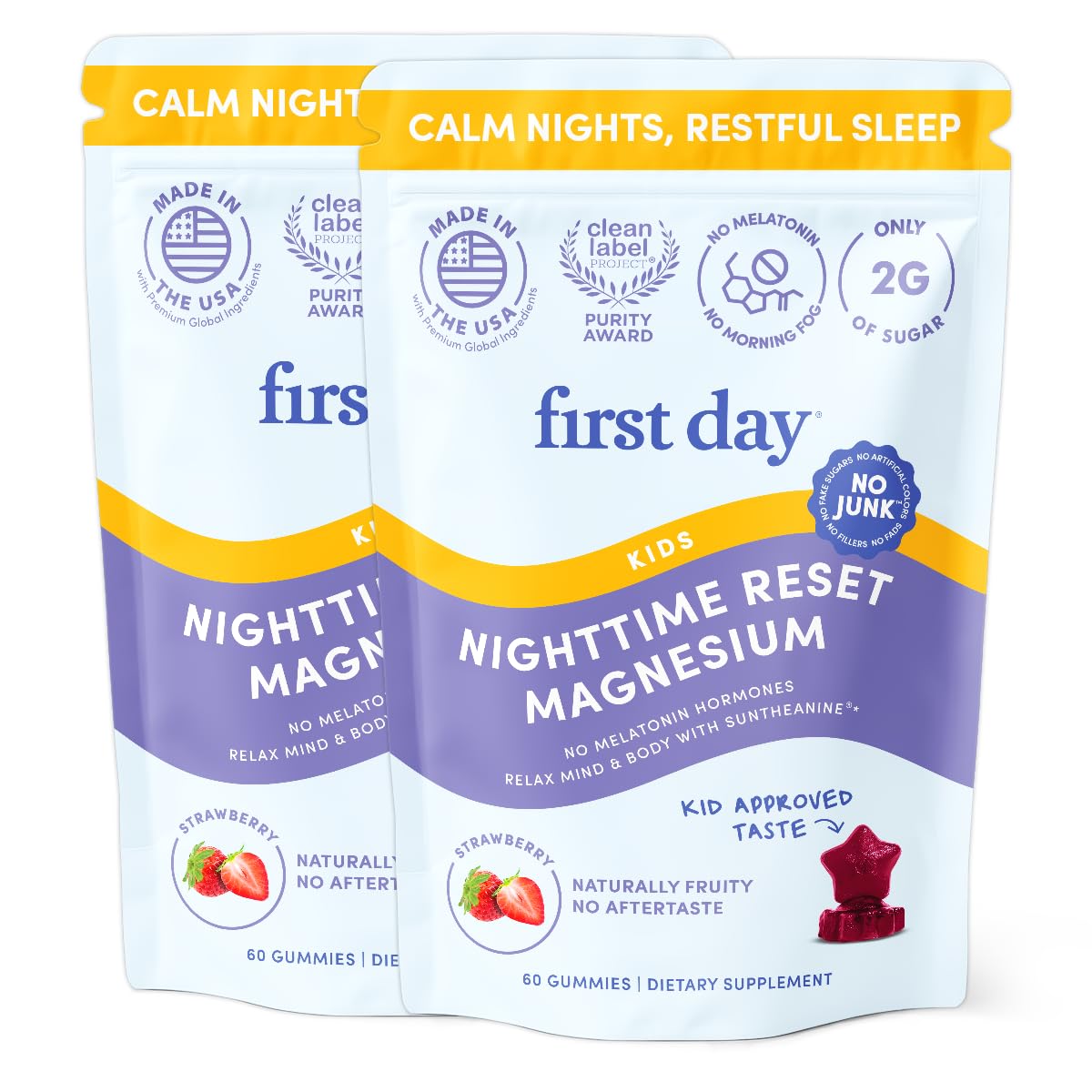 FIRST DAY gominolas para niños, botella con gomitas de color, promueven sueño y relajación.