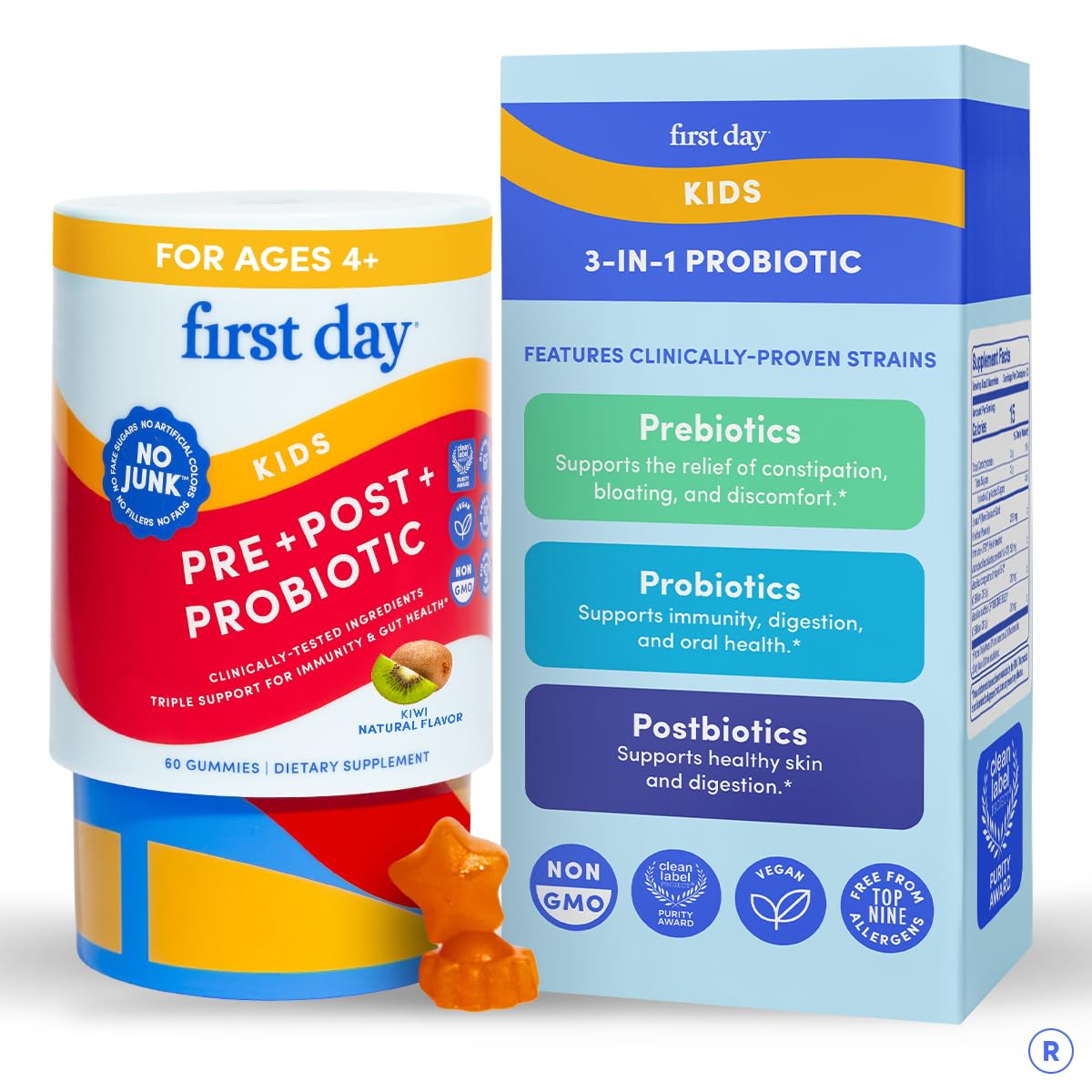 FIRST DAY Kids 3-en-1 gomitas probióticas en envase, apoyo digestivo diario