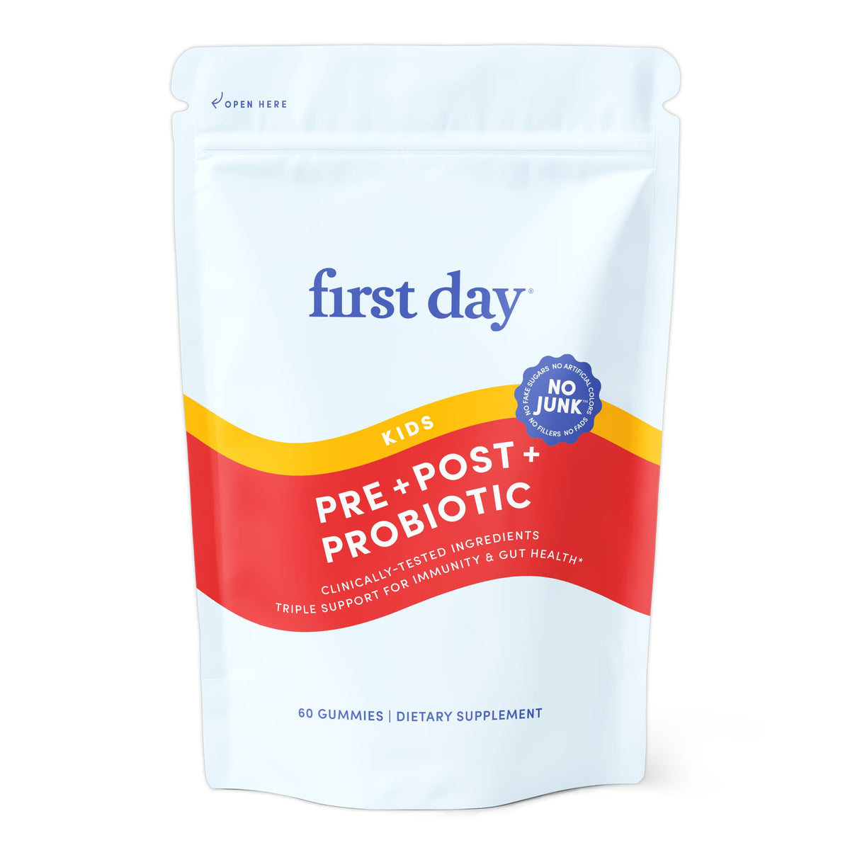 Gomitas probióticas FIRST DAY para niños en envase práctico para la rutina diaria