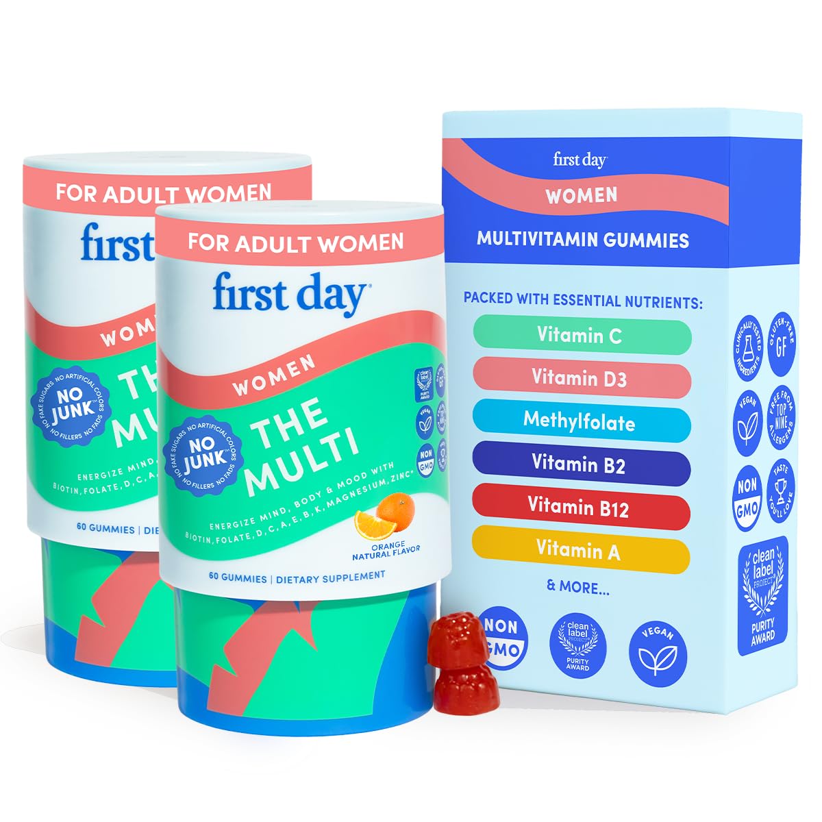 FIRST DAY gomitas multivitamínicas para mujeres en botella, apoyo diario de energía.