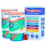 FIRST DAY gomitas multivitamínicas para mujeres en botella, apoyo diario de energía.
