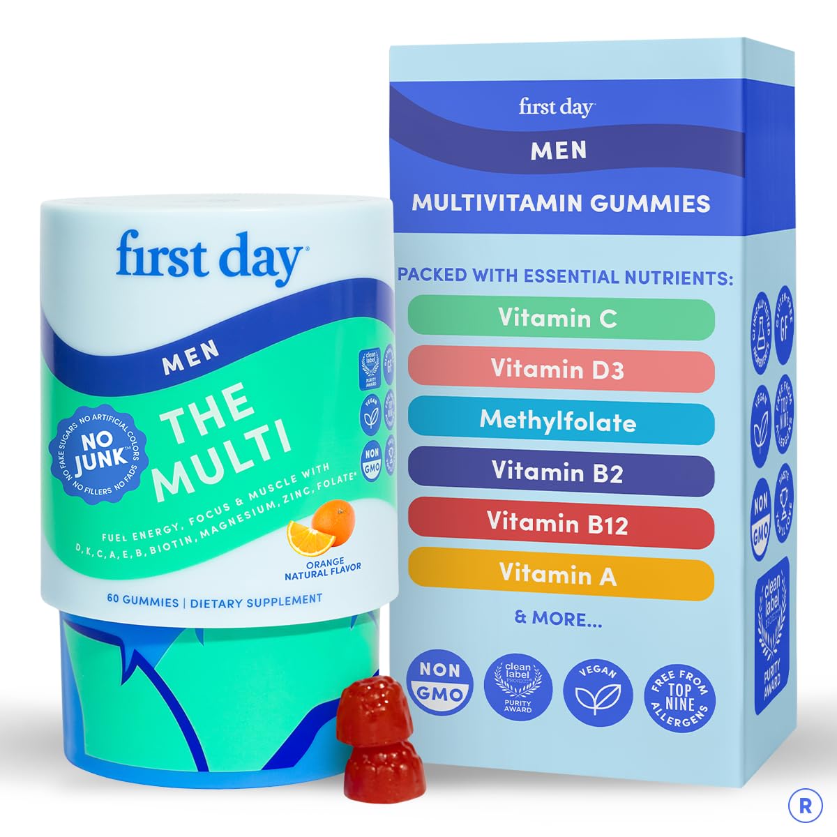 FIRST DAY multivitaminos para hombres, botella, apoyo a la energía diaria.