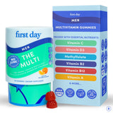 FIRST DAY multivitaminos para hombres, botella, apoyo a la energía diaria.