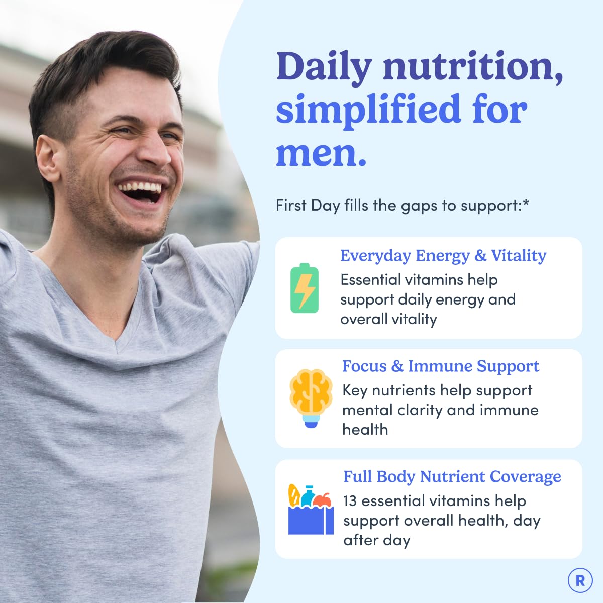 FIRST DAY multivitaminos para hombres, etiqueta frontal, fácil de identificar en tu rutina.