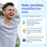 FIRST DAY multivitaminos para hombres, etiqueta frontal, fácil de identificar en tu rutina.
