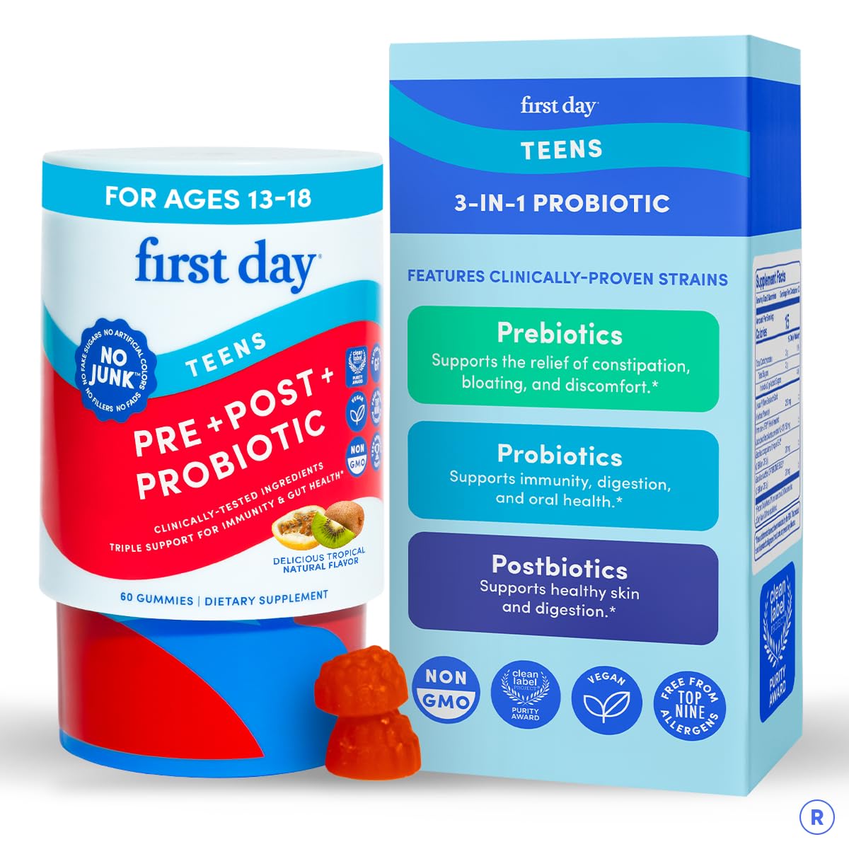 FIRST DAY Teens: gomitas probióticas 3 en 1 para apoyar el intestino