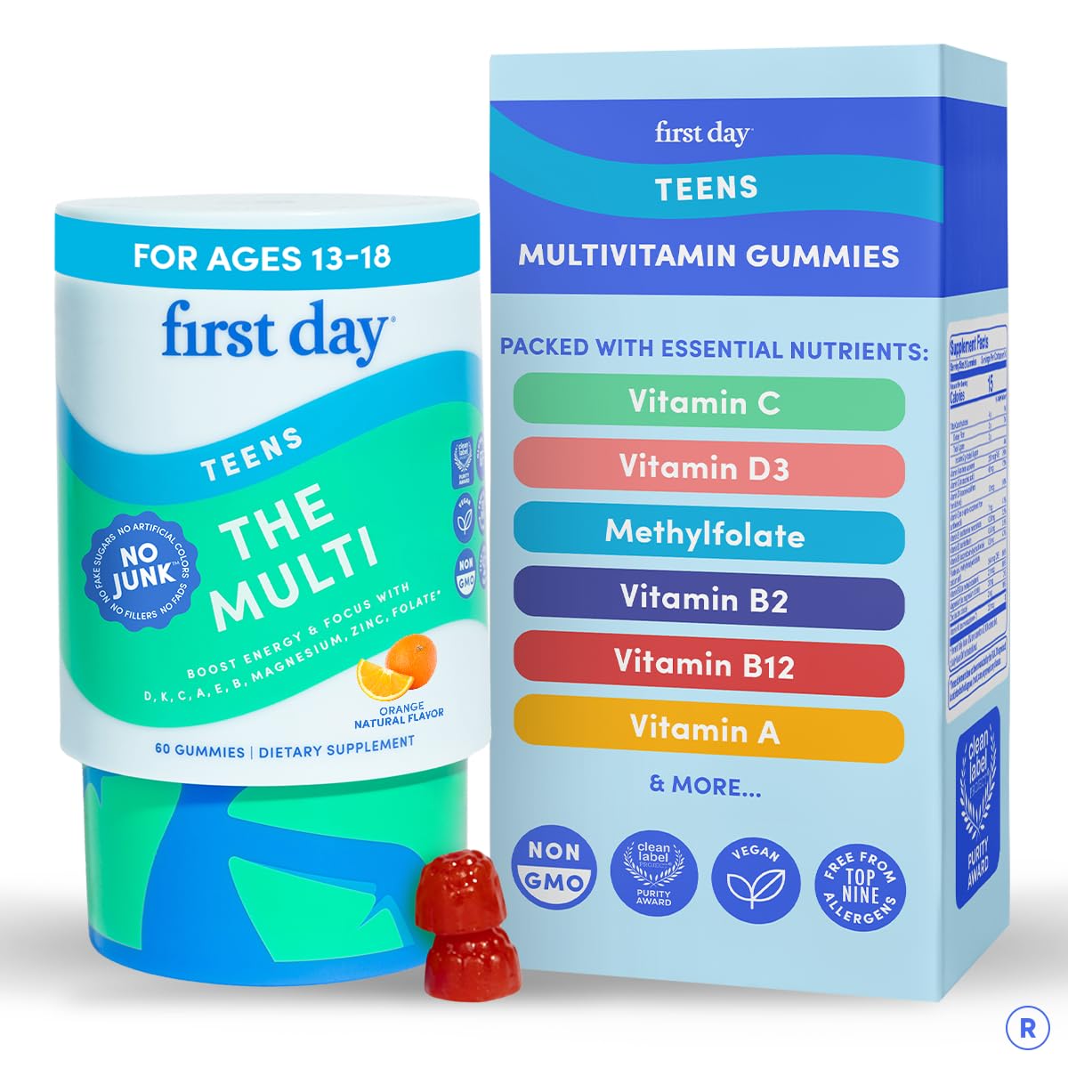 Gomitas FIRST DAY para adolescentes, sabor a fruta y consumo diario fácil.