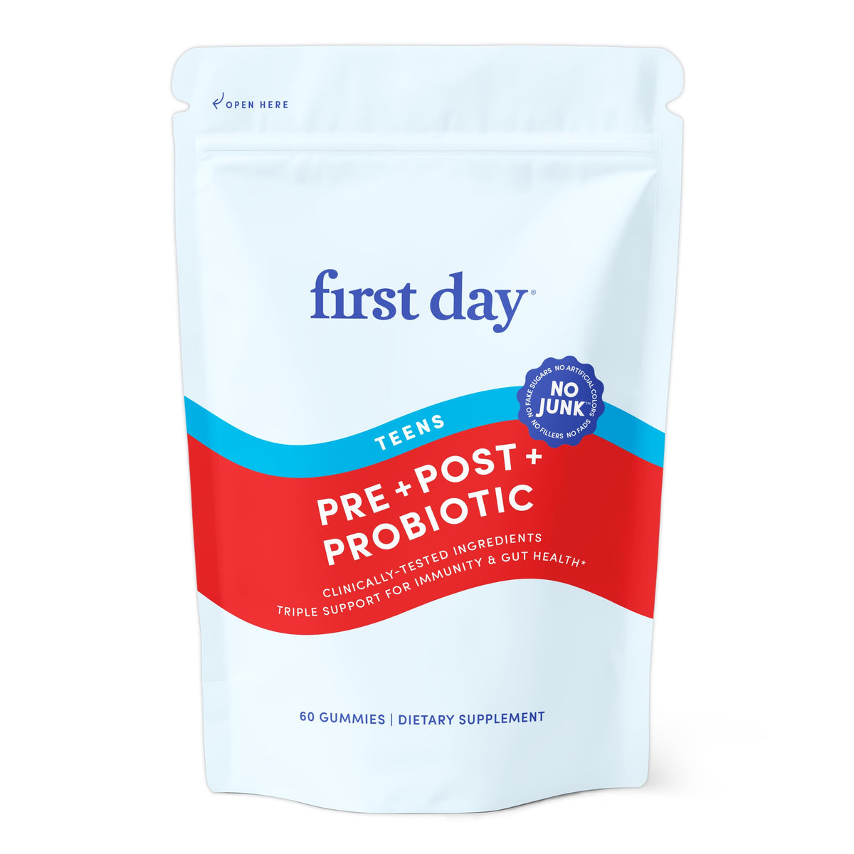 First Day Teens Tribiotic Gummies frente al envase, apoyo digestivo suave para la rutina escolar.