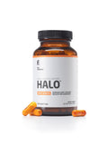 Halo de FIRST ENDURANCE, cápsulas vertiendo en frasco, apoyo para movilidad y confort articular