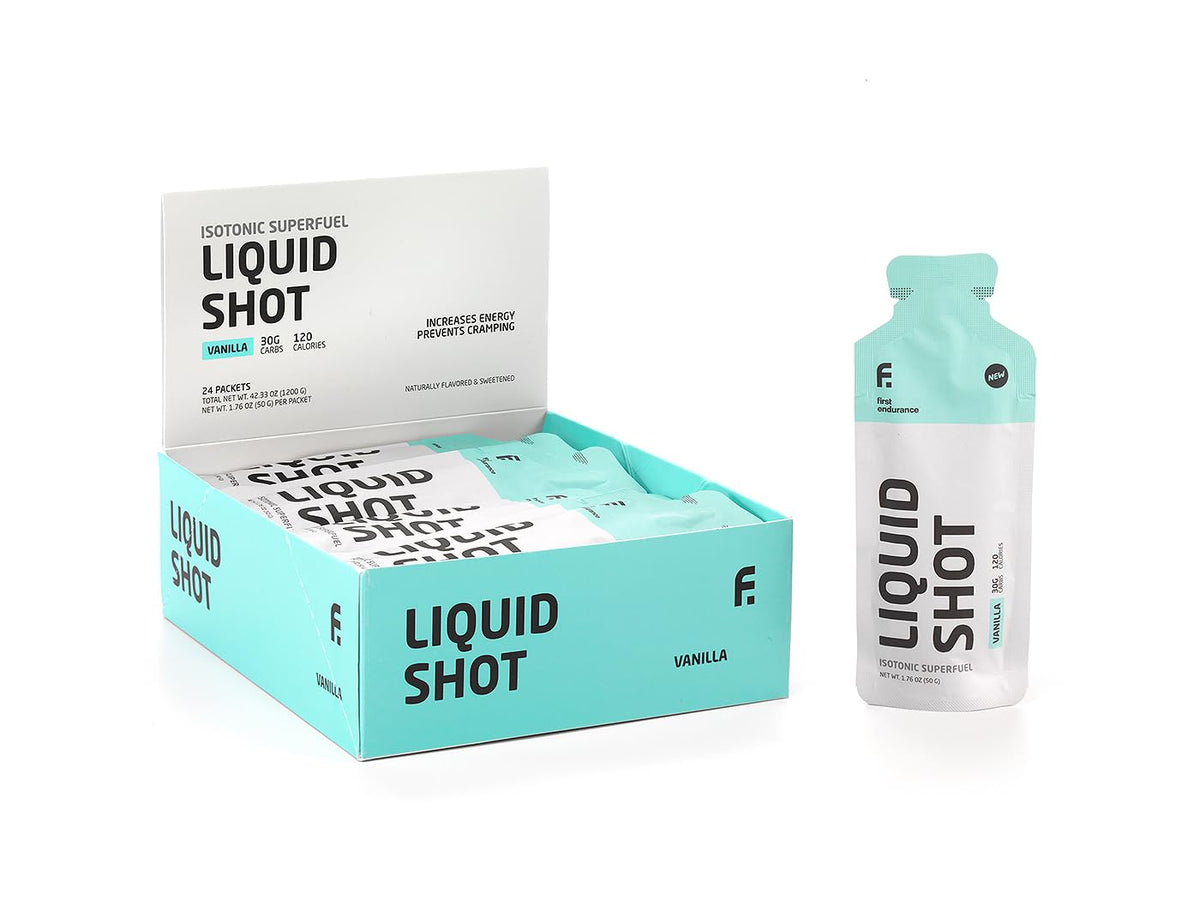 FIRST ENDURANCE Liquid Shot, botella, energía rápida para entrenamientos intensos.