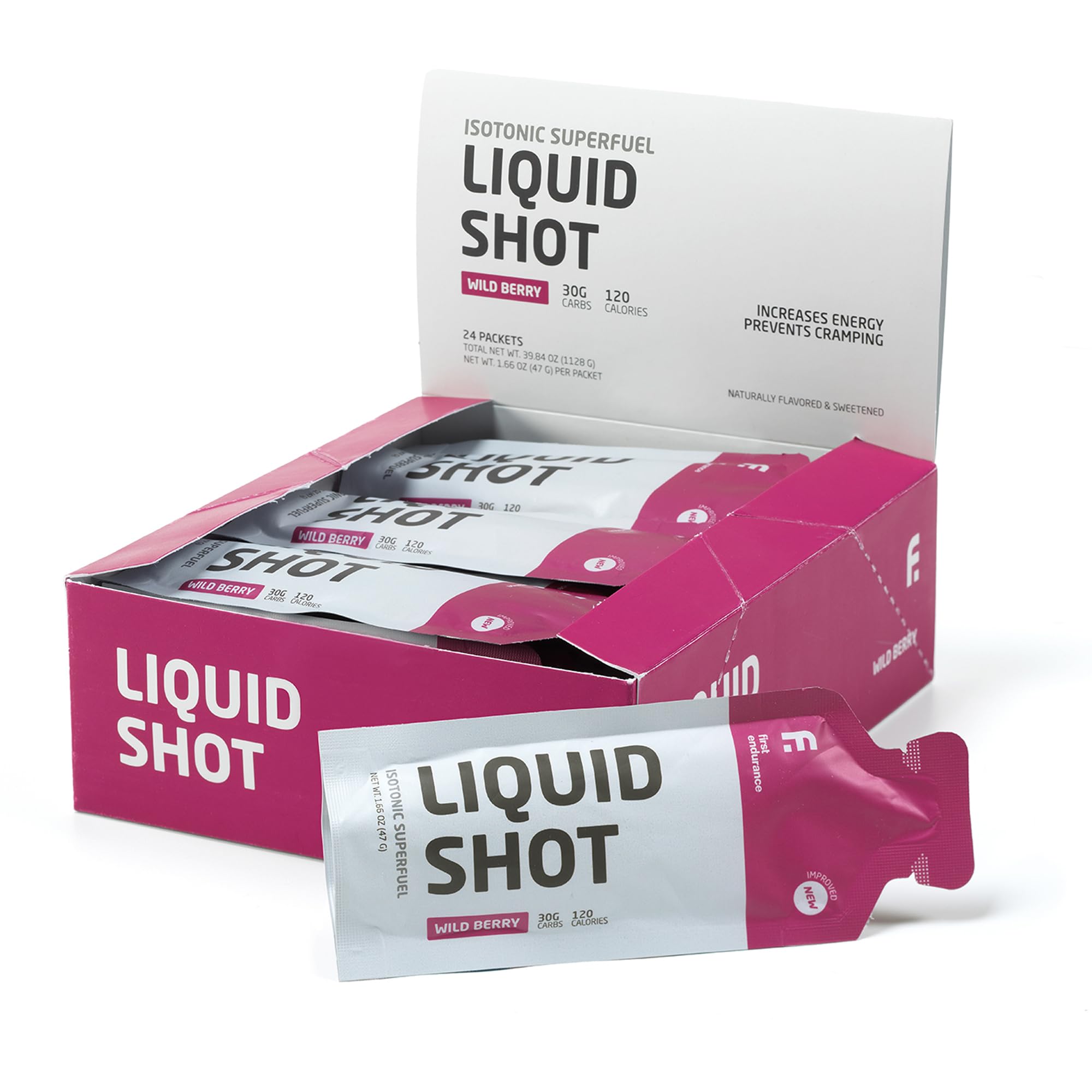 Liquid Shot FIRST ENDURANCE, etiqueta del producto con sabor bayas silvestres y electrolitos