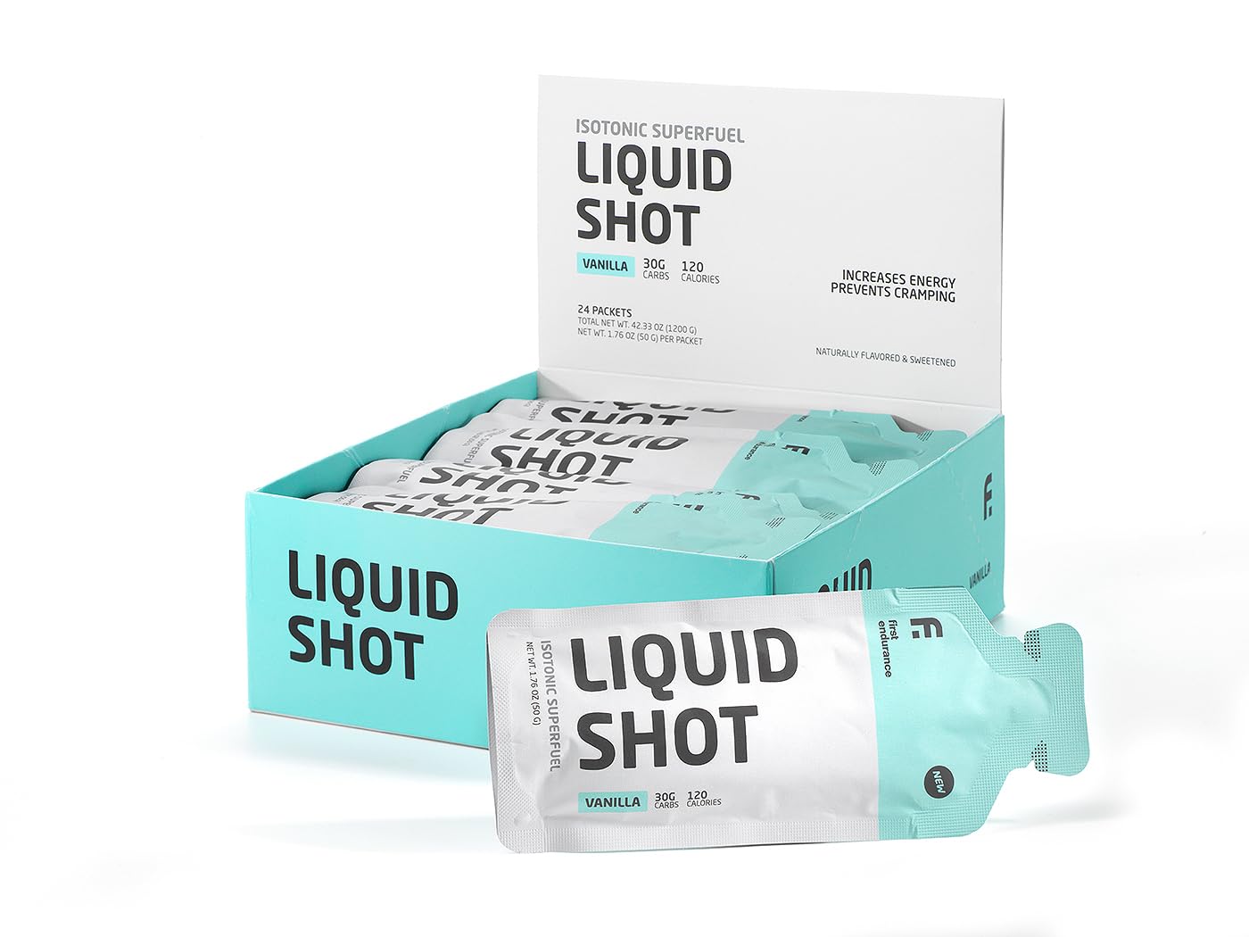 FIRST ENDURANCE Liquid Shot, textura ligera, fácil de beber sin agua durante esfuerzos.